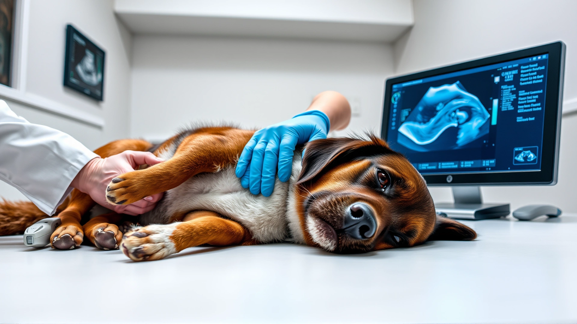 Veterinarian performing an abdominal ultrasound on a calm dog lying on its side, ultrasound monitor visible, modern clinic environment