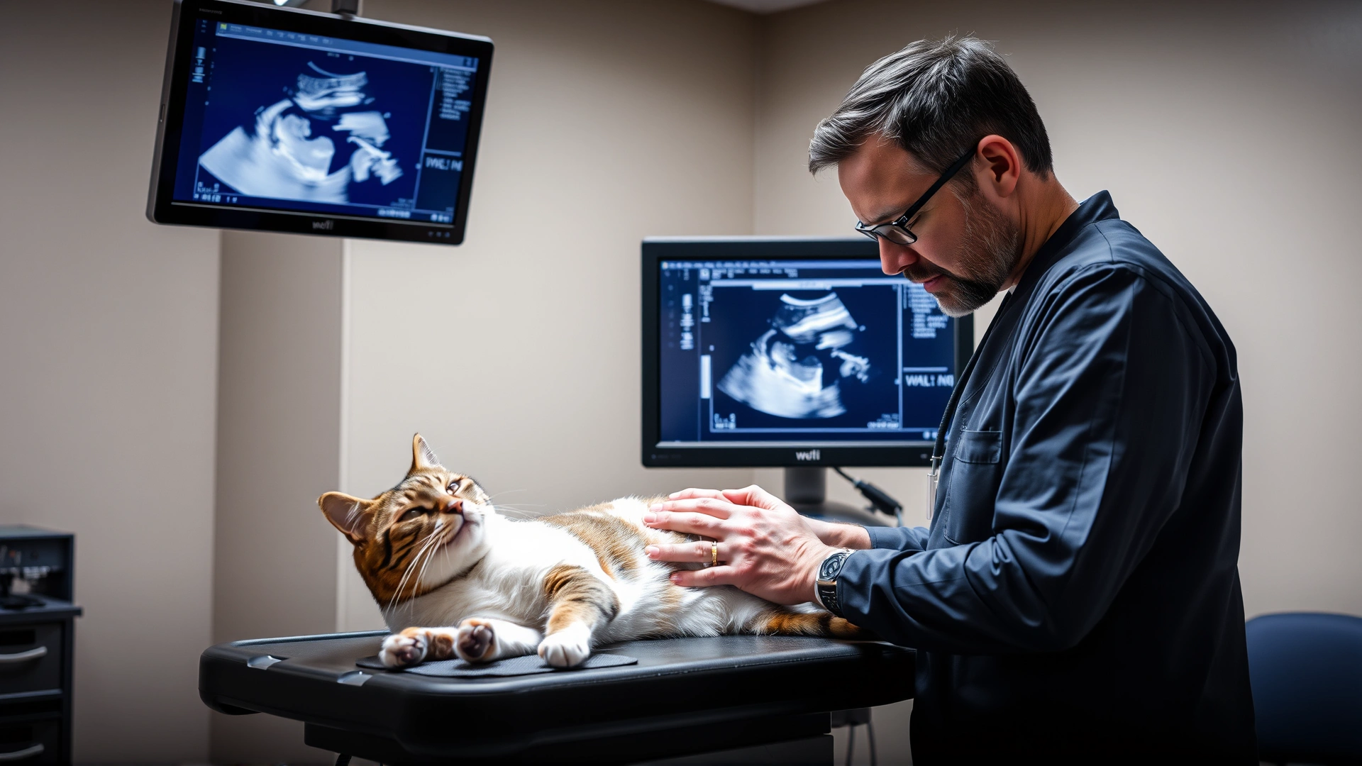 Veterinarian performing an abdominal ultrasound on a sedated cat, monitor visible showing grayscale image, modern clinic environment