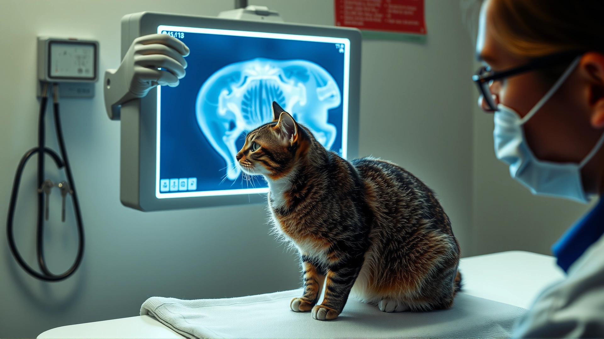 Veterinarian examining a cat X-ray image on a lightbox while the cat waits calmly on the examination table