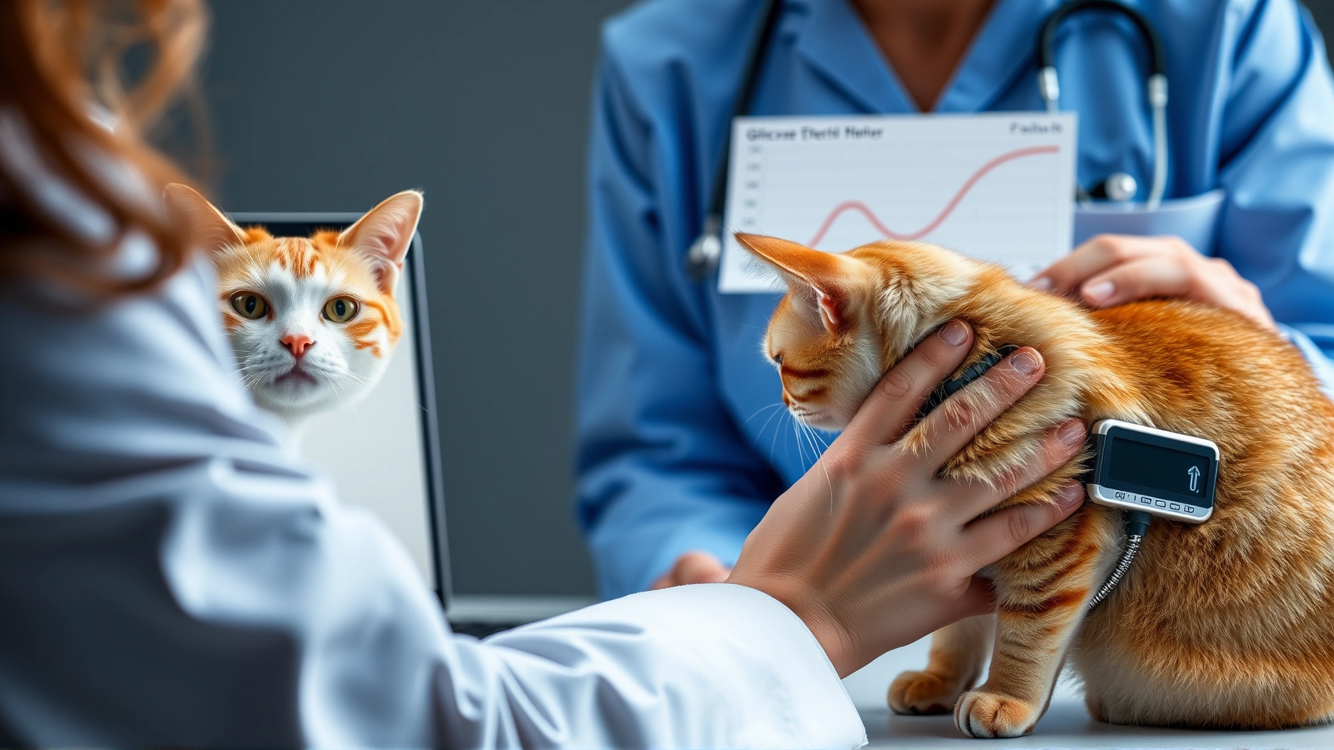 Veterinarian monitoring a glucose curve on a laptop while gently restraining a cat with a continuous glucose monitor patch on its back