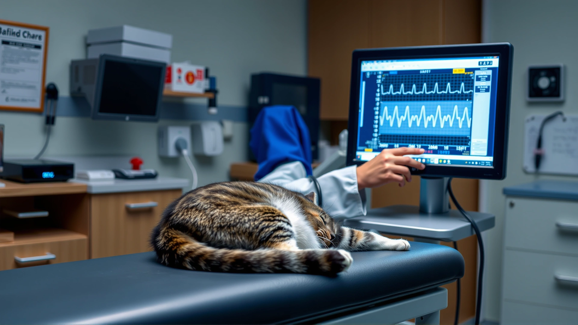Scene of a veterinarian reviewing an ECG printout on a monitor while a cat rests calmly on the exam table, clinic environment in background.