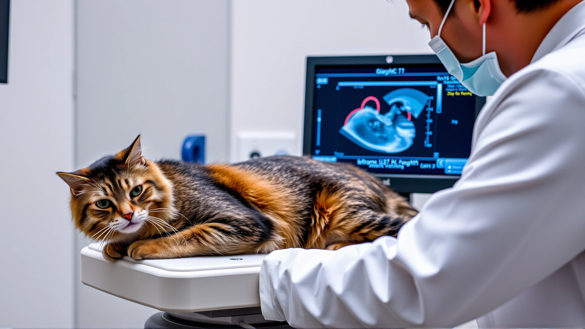 Veterinary cardiologist performing an echocardiogram on a cat using an ultrasound machine, monitor displaying heart image.