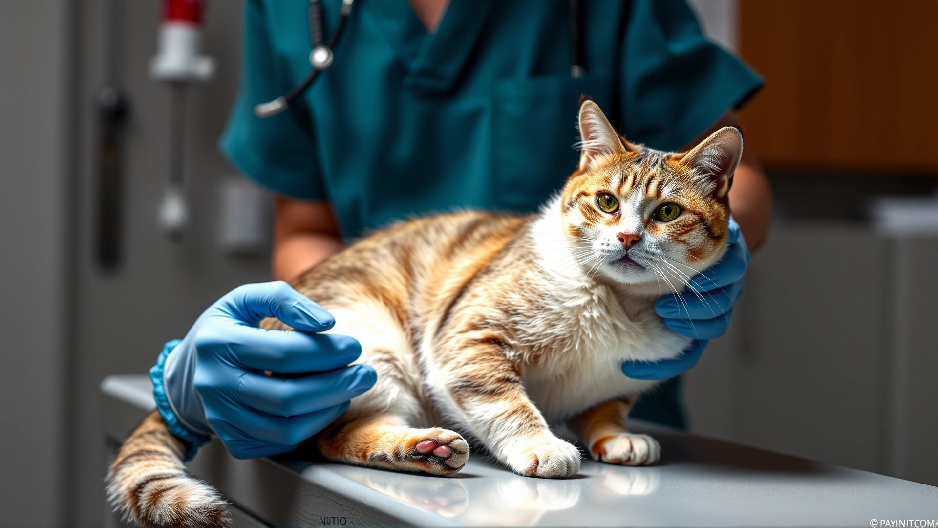 Veterinarian in scrubs drawing blood from a calm cat on an examination table to illustrate diagnostic process.