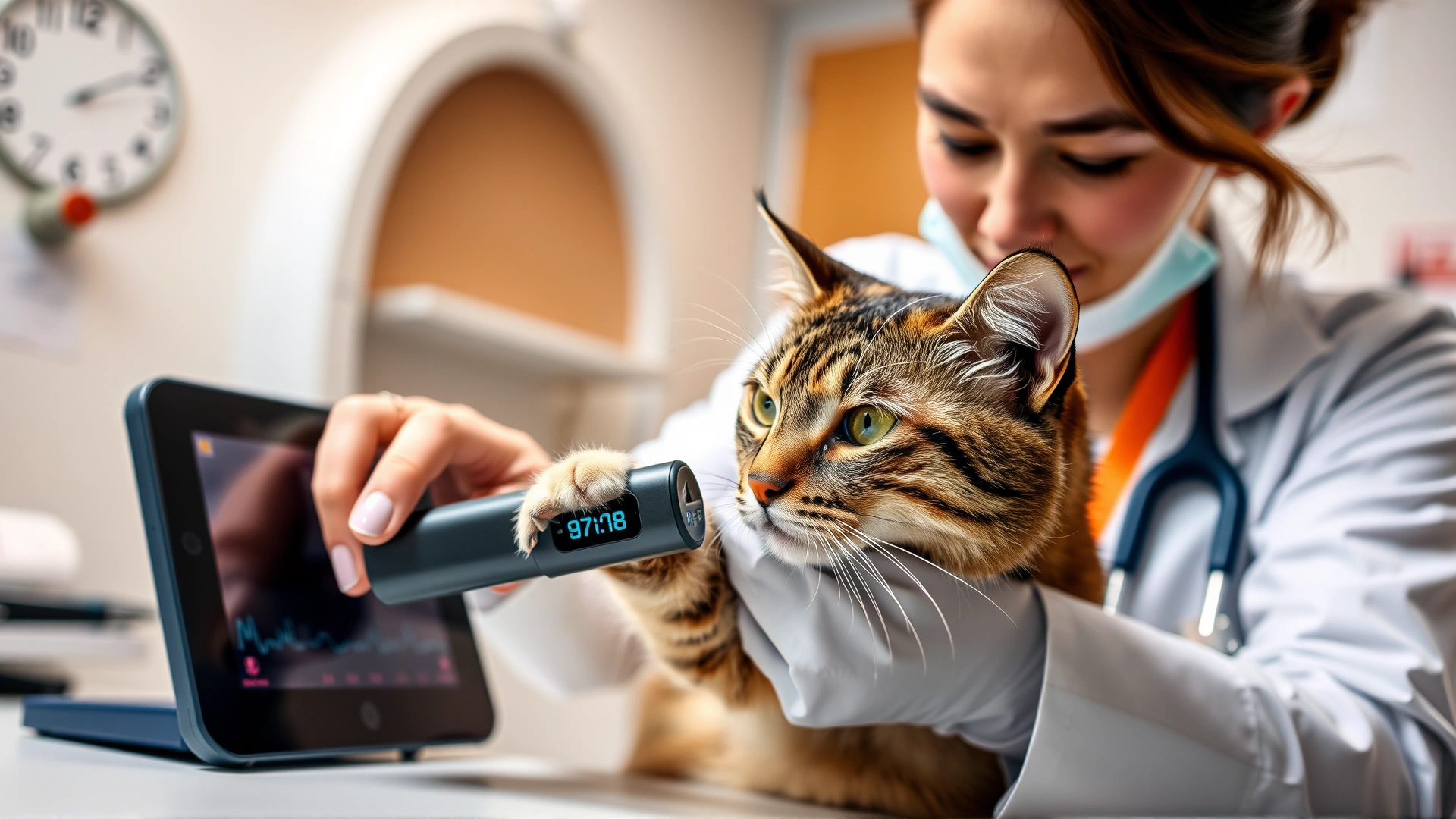 Veterinarian using a pulse oximeter on a cat's paw in a modern clinic, device screen visible, showing professional diagnosis.