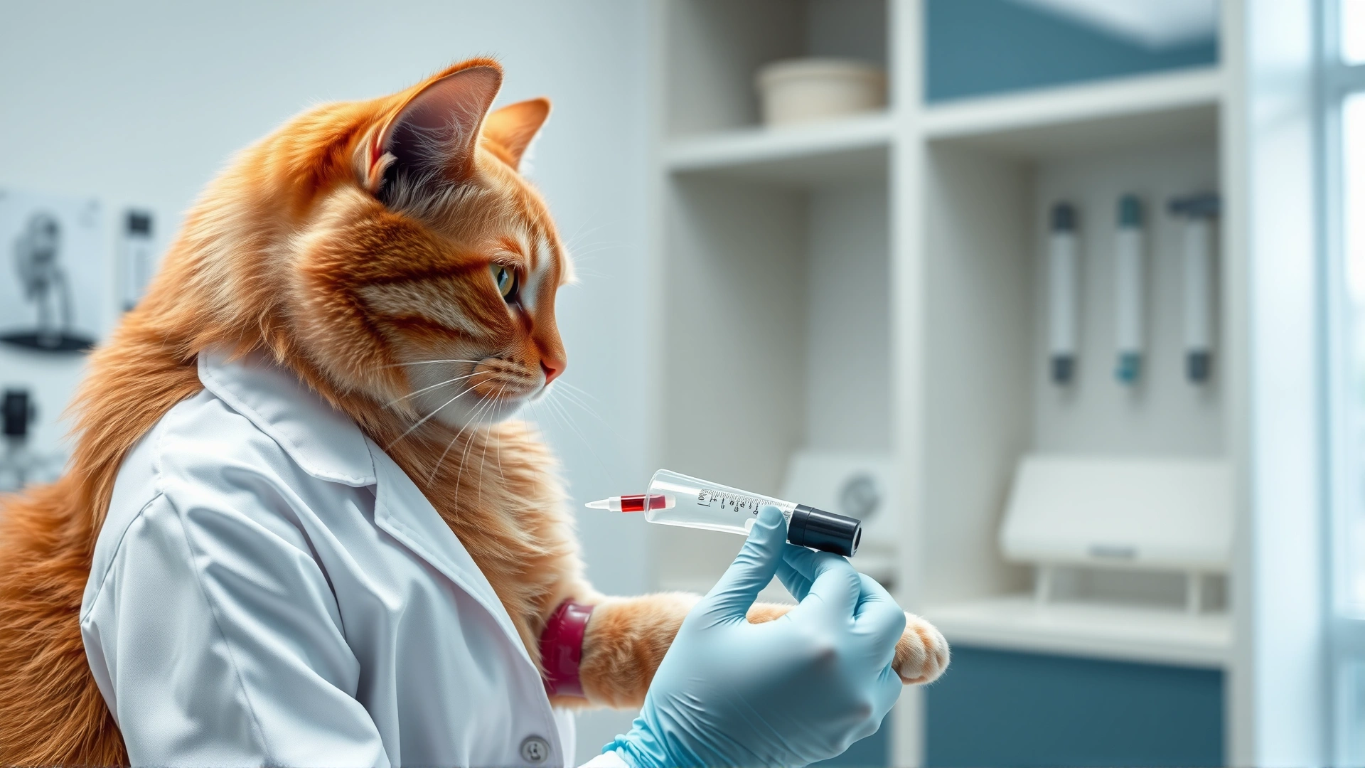 A veterinarian drawing a blood sample from a calm orange cat in a modern veterinary clinic, emphasizing the diagnostic process.