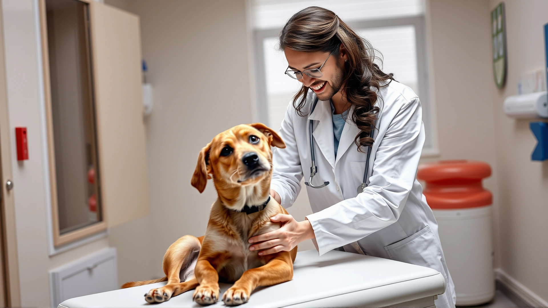 Friendly veterinarian wearing a white coat examining a dog's skin on an examination table in a bright veterinary clinic.