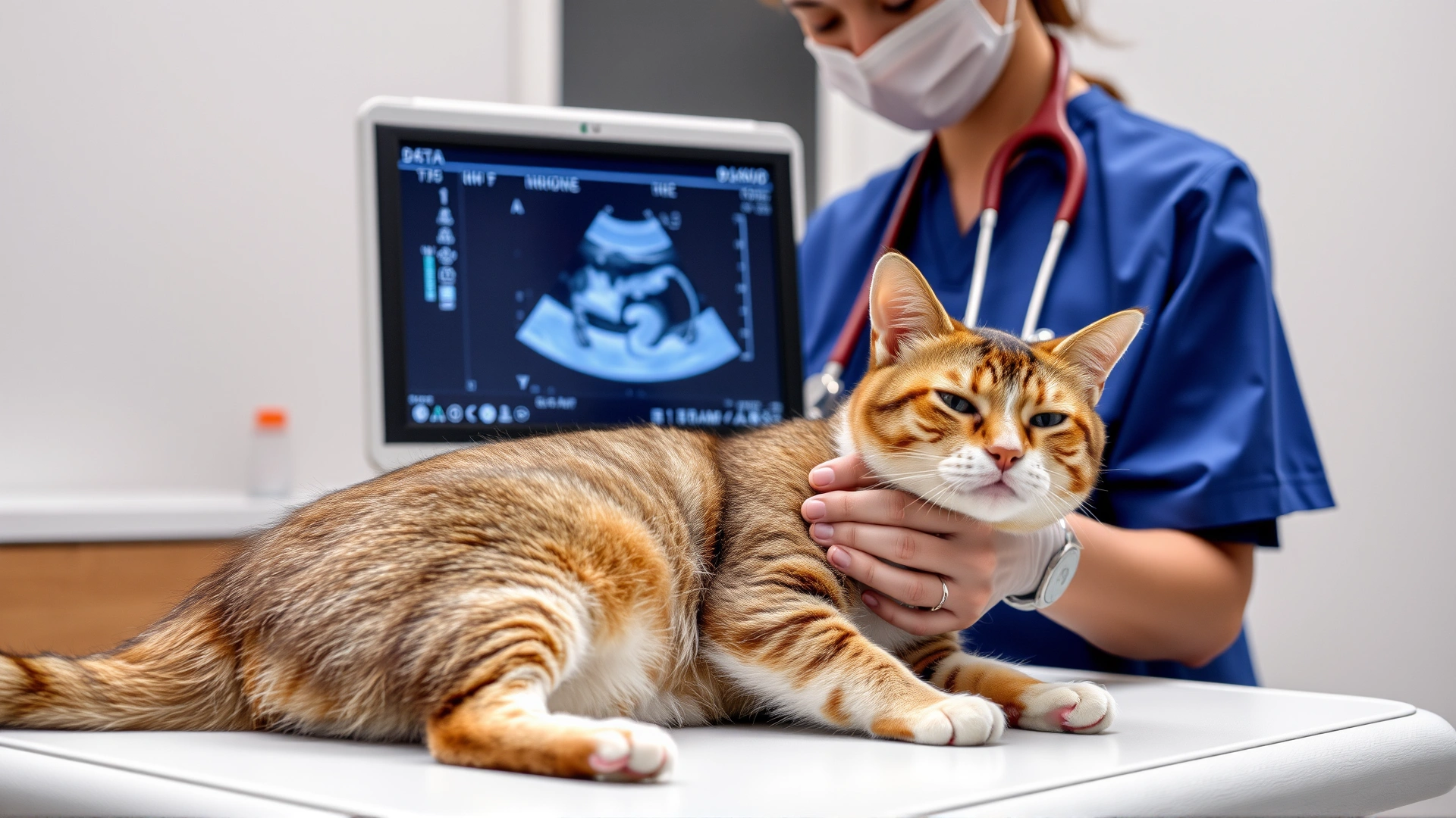 Veterinarian performing an abdominal ultrasound on a calm cat, ultrasound monitor visible, modern clinic setting