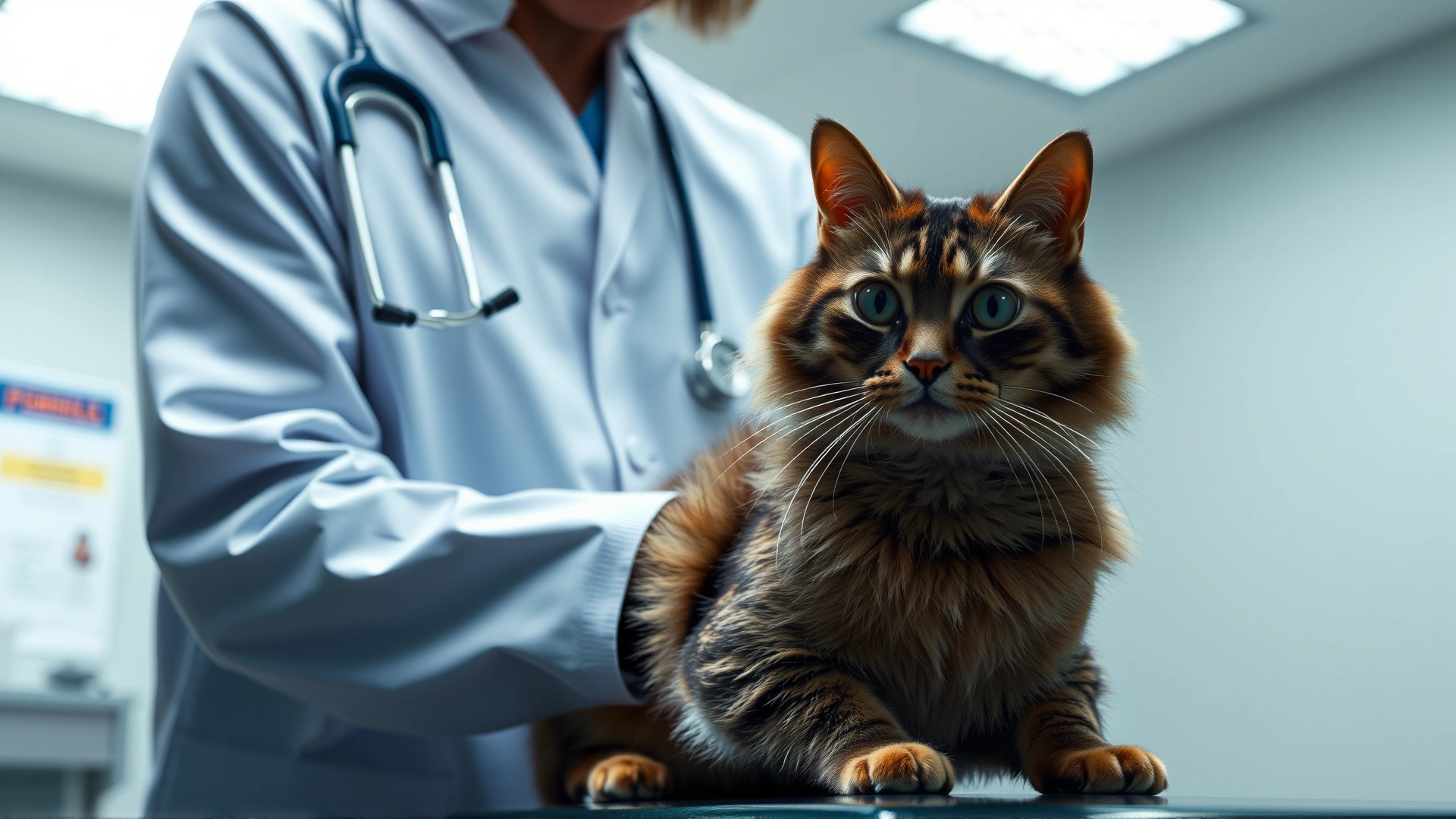 Veterinarian examining a cat on clinic table, stethoscope around neck, bright clinical lighting.