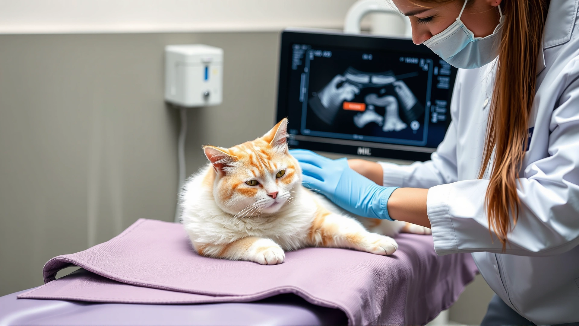 Image of a veterinarian performing an ultrasound on a calm cat on an examination table, medical monitor visible in the background.