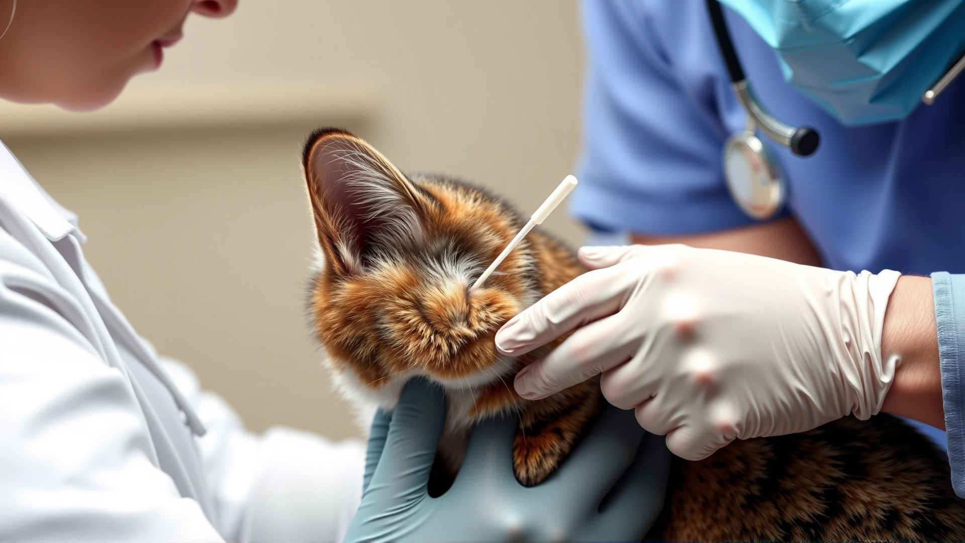 Veterinarian taking an ear swab from a cat using a cotton applicator while an assistant gently restrains the pet, clinical setting