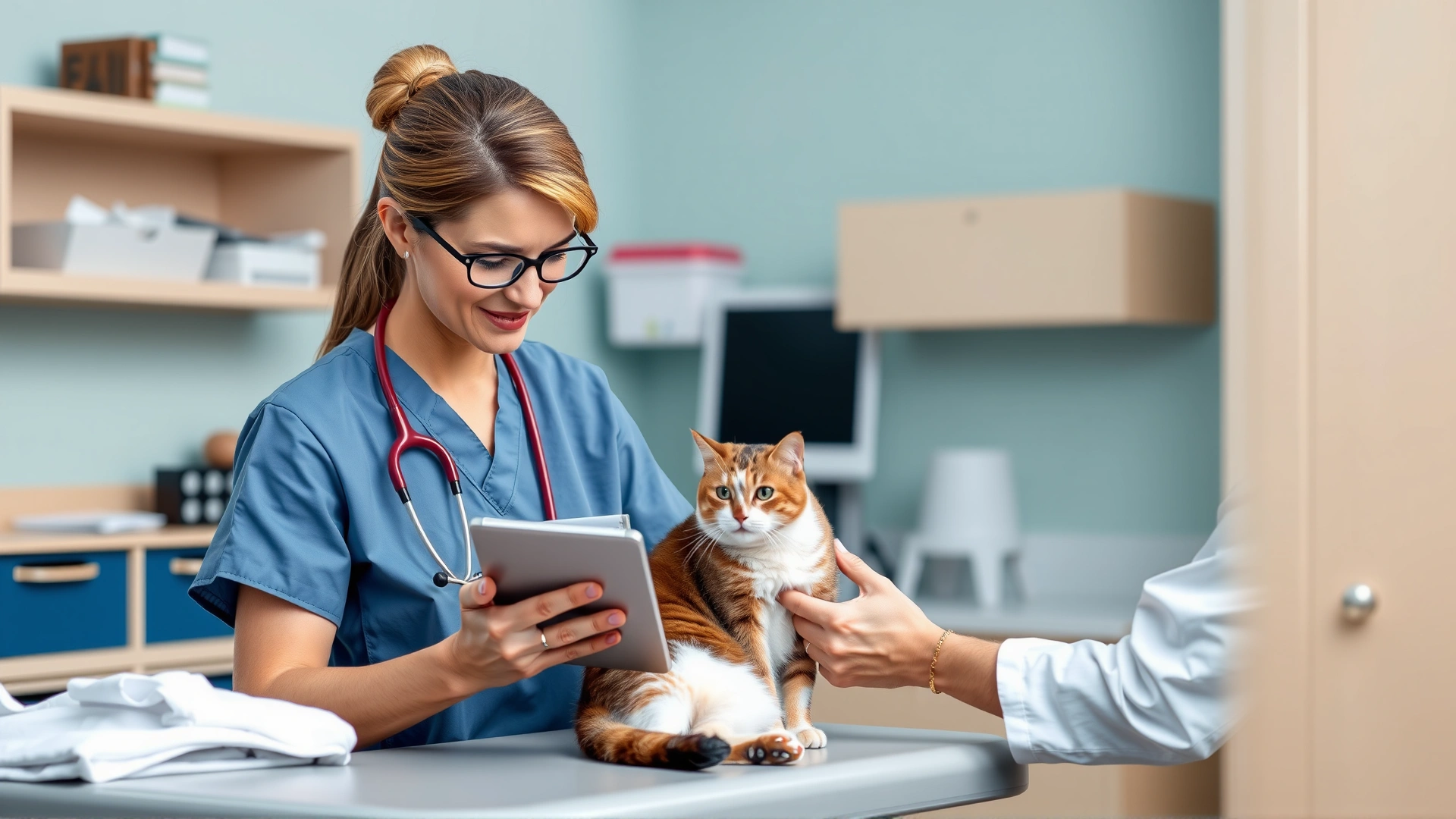 Veterinarian in scrubs examining a cat on an exam table while reviewing blood test results on a digital tablet