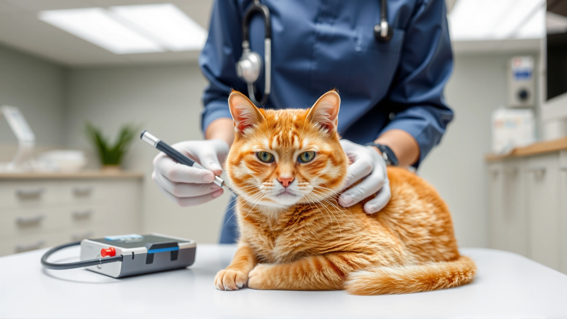 Photo of a veterinarian drawing blood from a calm ginger cat on an examination table, modern clinic environment.