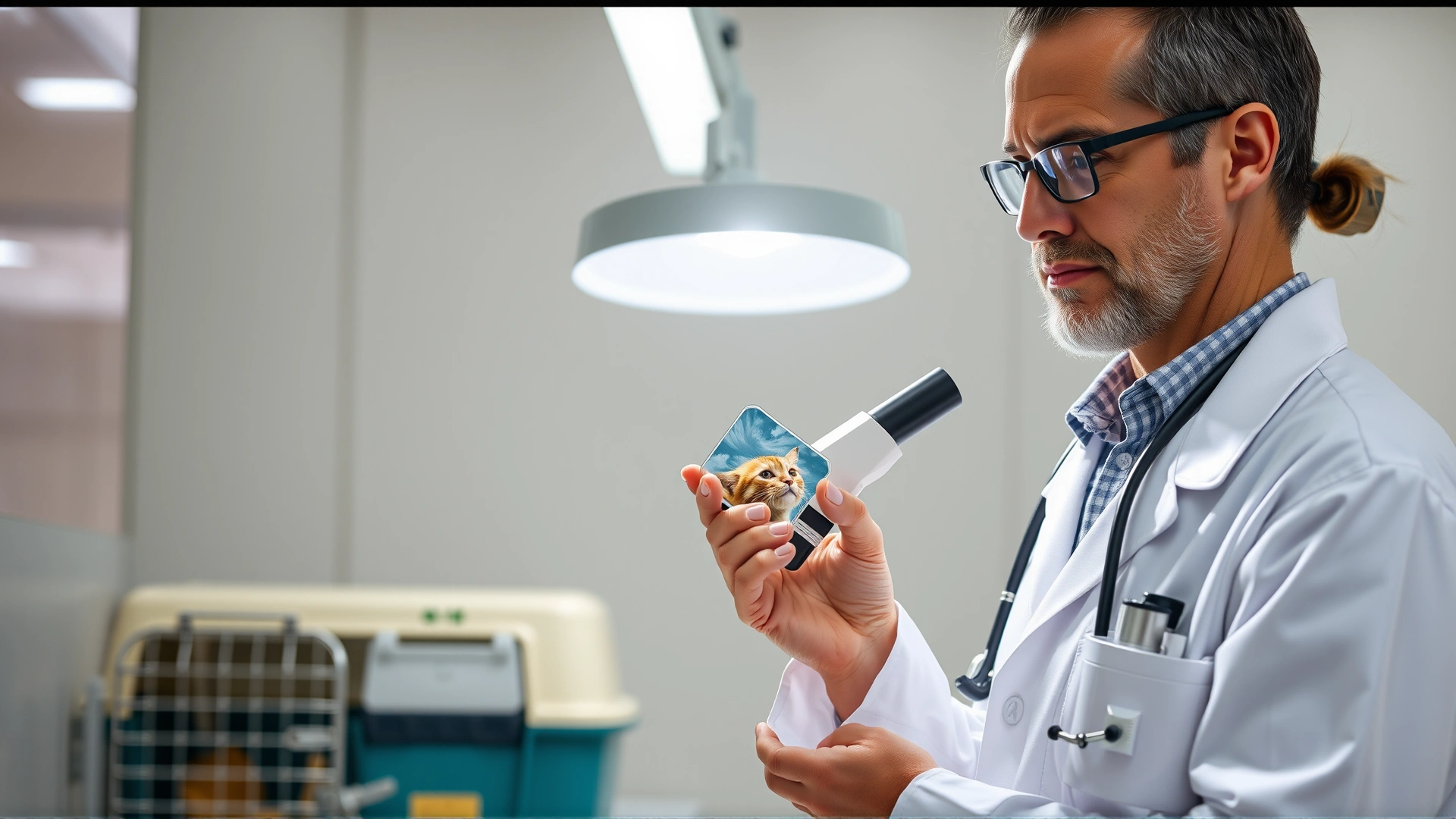 Image of a veterinarian in a lab coat holding a microscope slide under a bright laboratory light, with a cat carrier blurred in the background