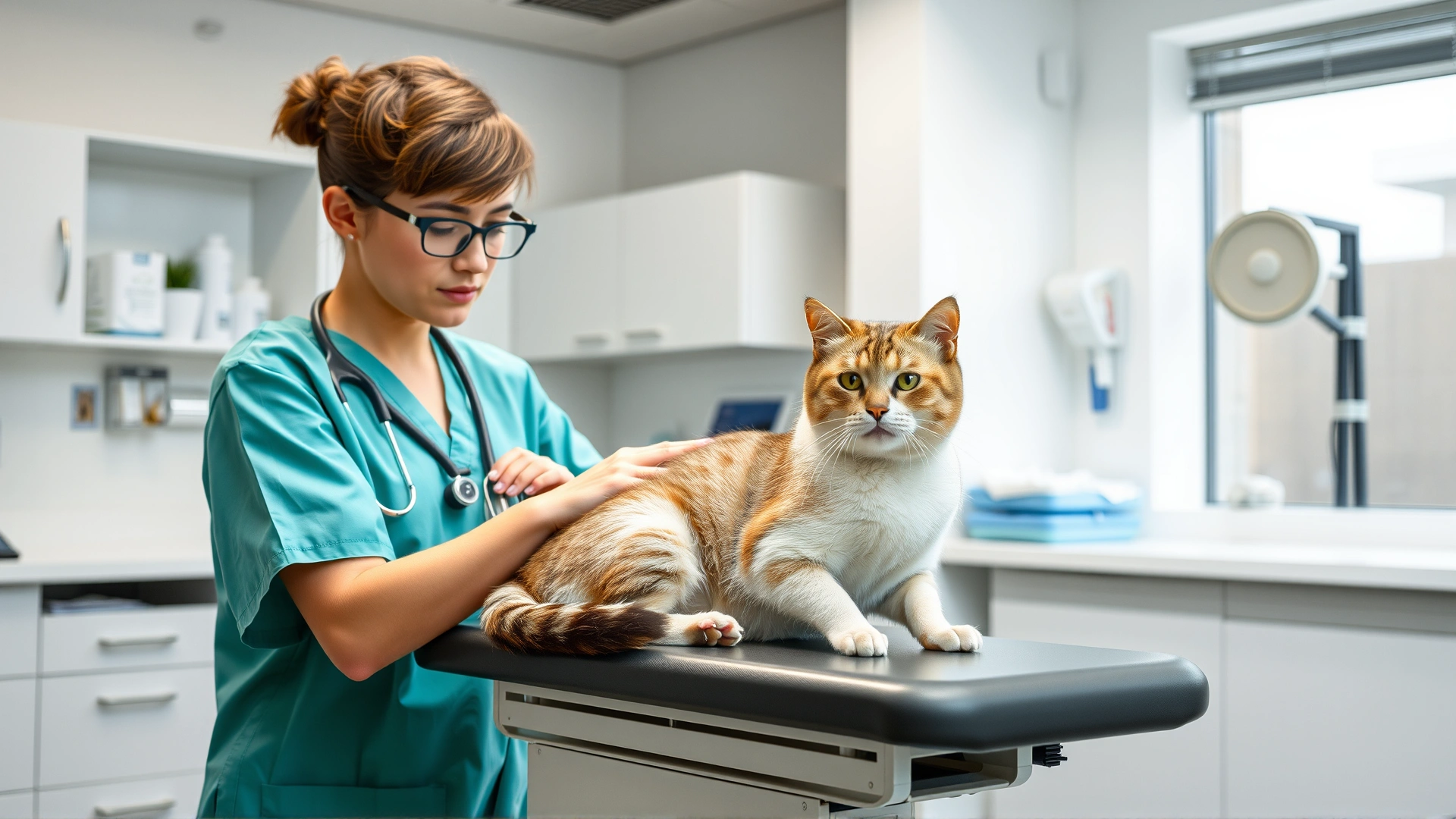 Veterinarian wearing a lab coat looking into a microscope with feline samples nearby in a modern diagnostic lab