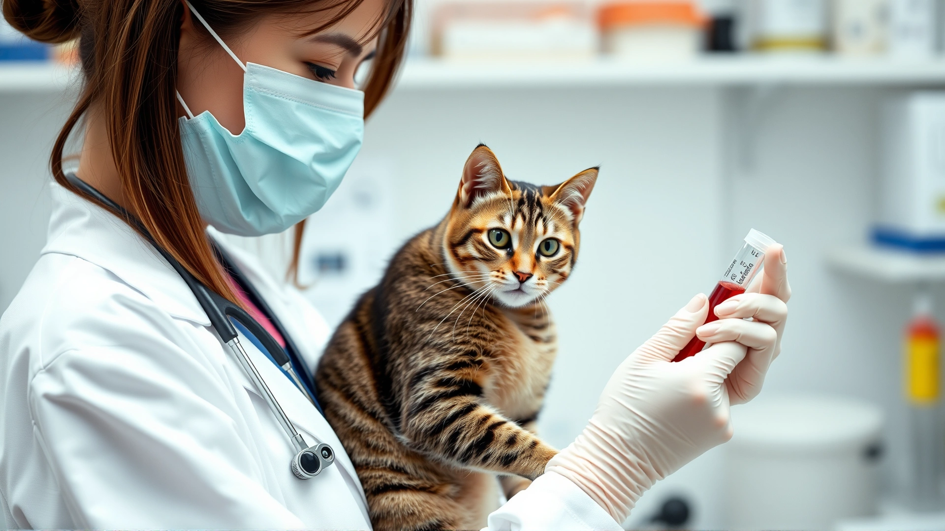 Female veterinarian in white coat holding a tabby cat while preparing a blood sample in a lab, highlighting diagnostic procedures.