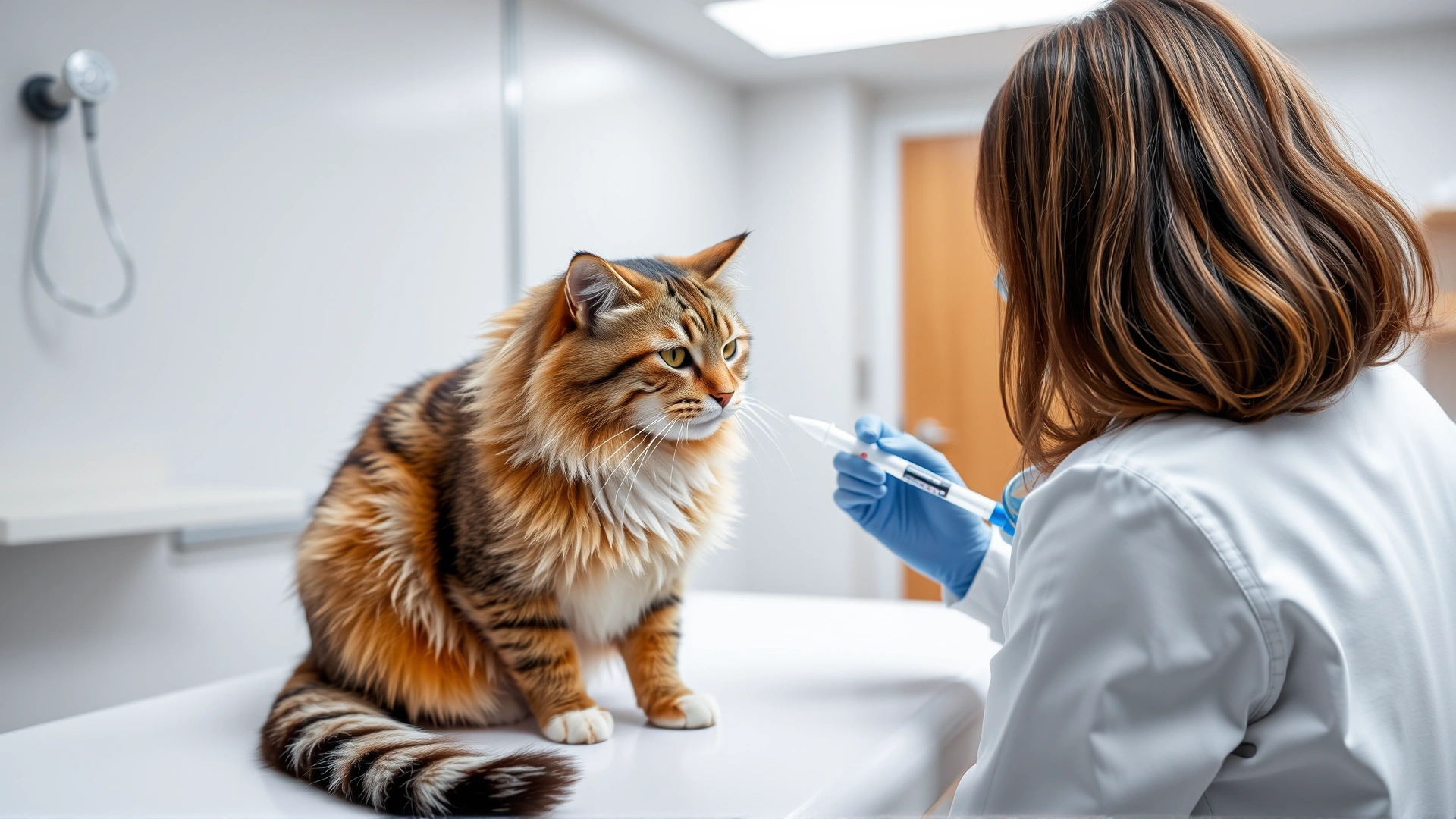 Veterinarian in white coat examining a cat on an exam table, holding a syringe for blood draw; modern clinic environment.