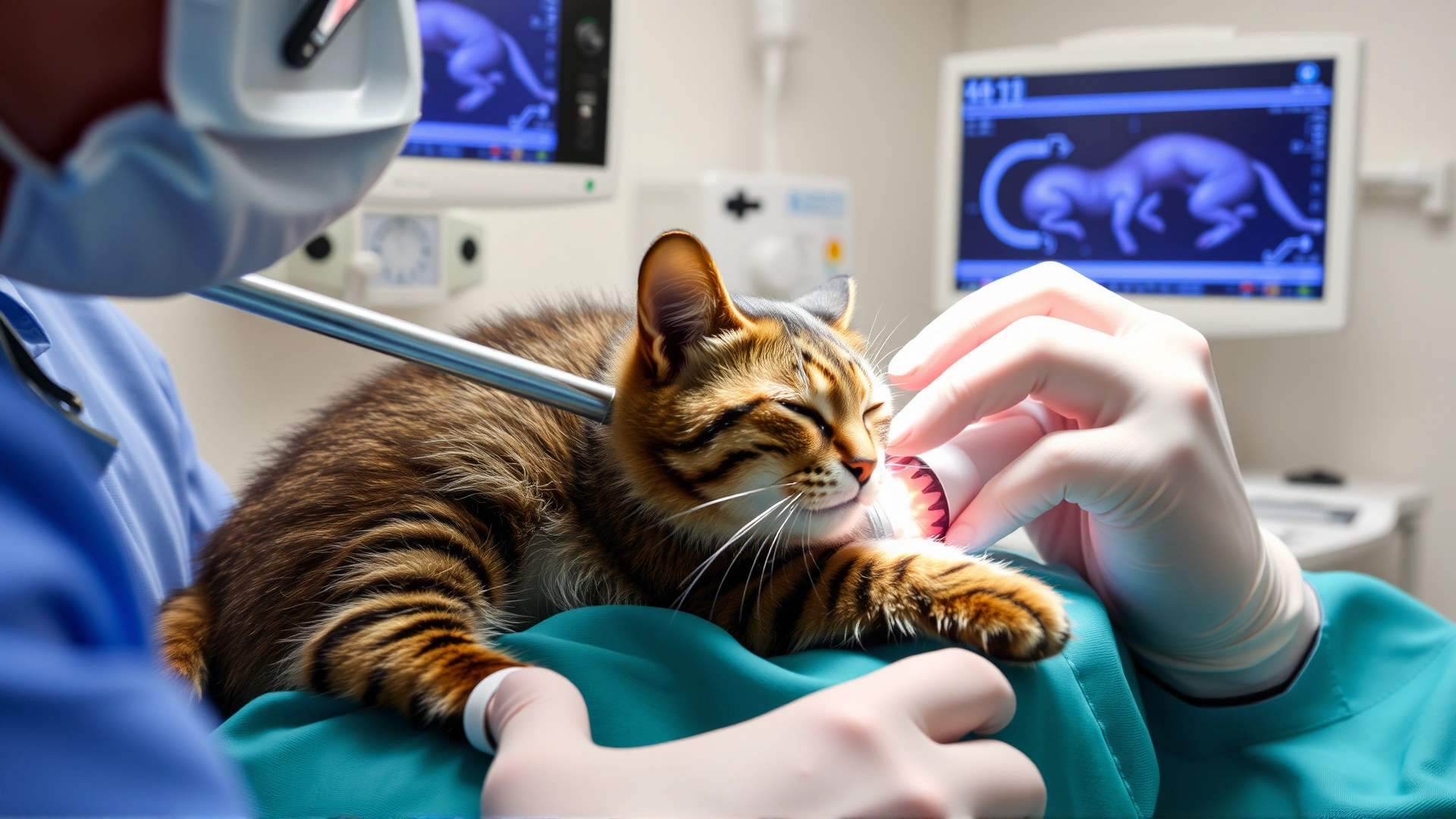 Photo of a veterinarian performing endoscopy on a sedated cat in a well-equipped clinic, monitor screen visible in the background