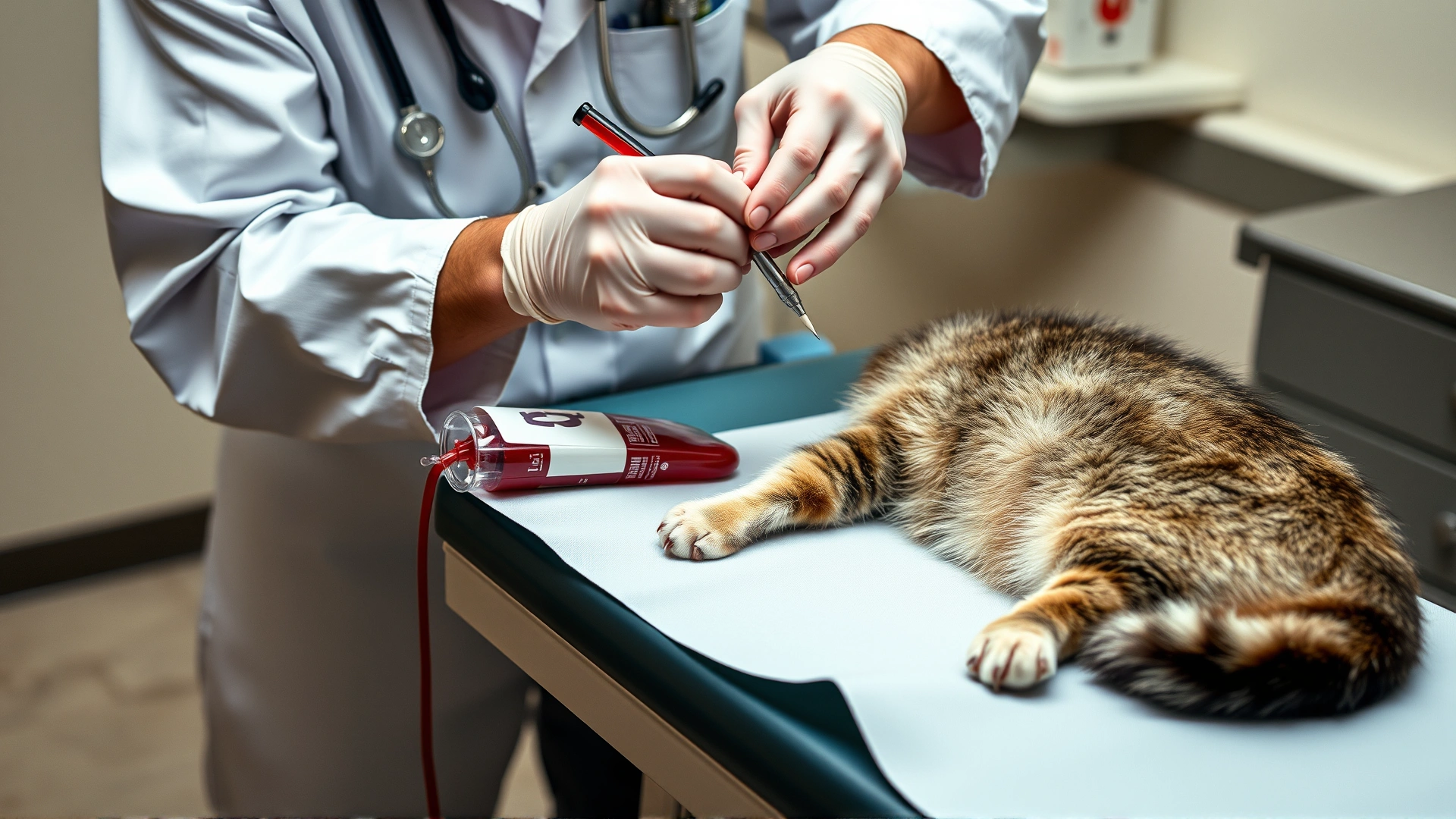 Photo of a veterinarian drawing blood from a calm cat on an exam table, emphasizing diagnostic procedures.
