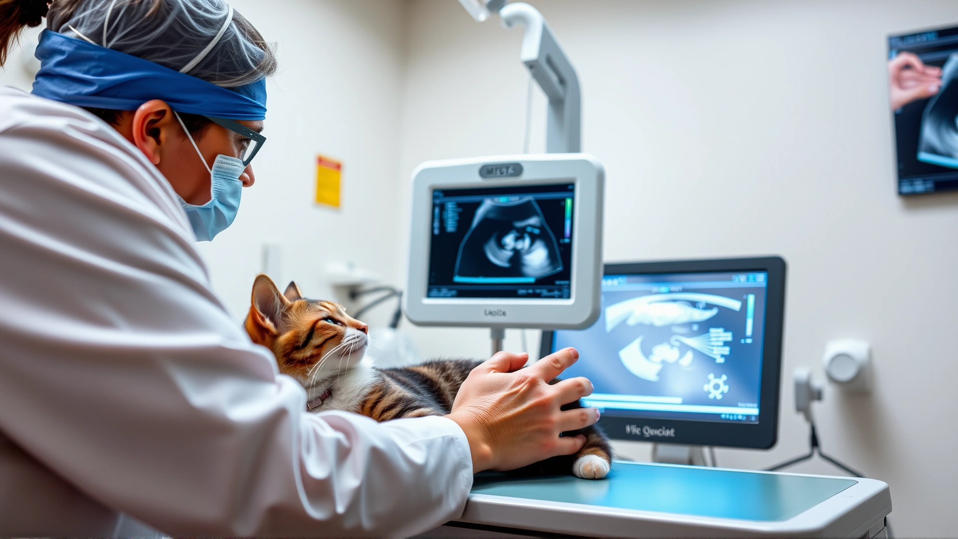 Veterinarian performing an ultrasound scan on a relaxed cat in a modern clinic, focus on monitor and patient