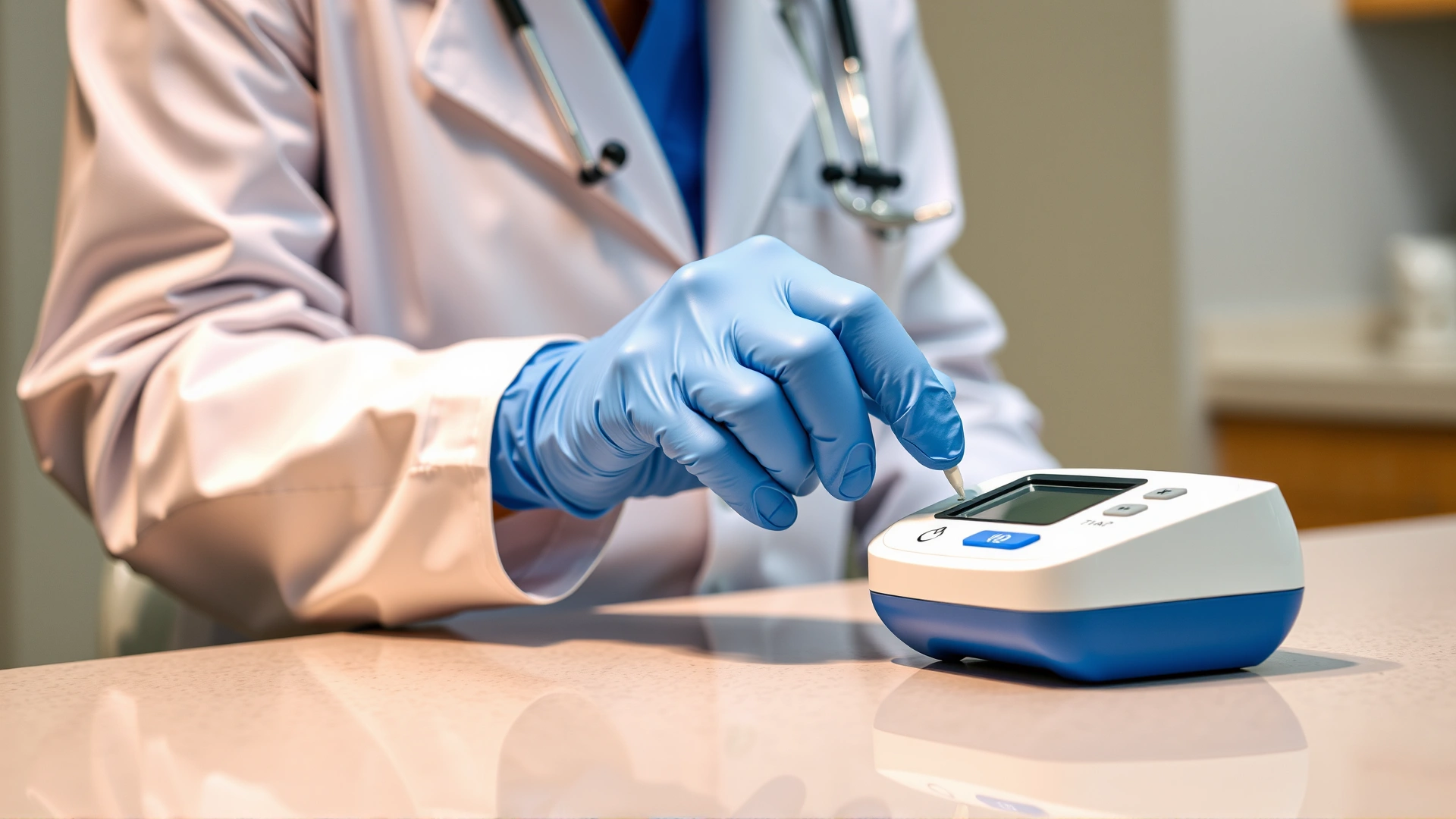 Veterinarian in white coat performing a feline parvovirus SNAP test; focus on gloved hands and test device on a clinic countertop; high-resolution photo, no text