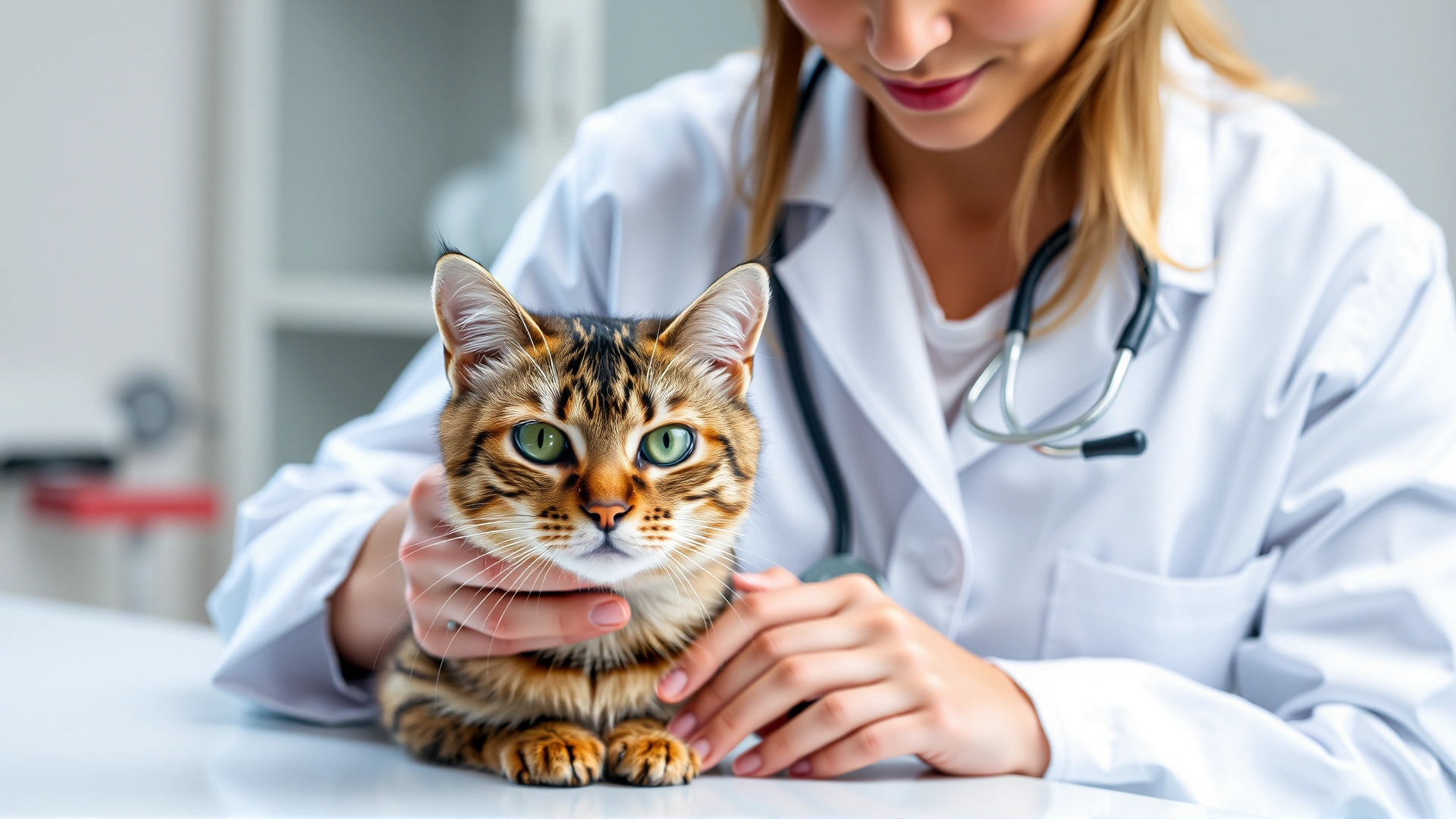 Veterinarian wearing white coat and stethoscope examining a tabby cat on clinic table