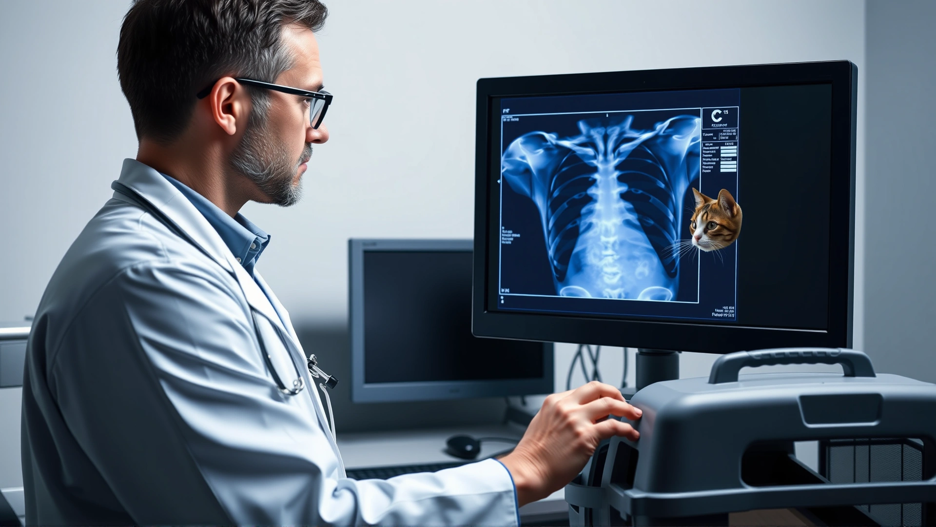 Veterinarian examining a chest X-ray on a monitor while a cat in a carrier looks on in a modern clinic setting, no text