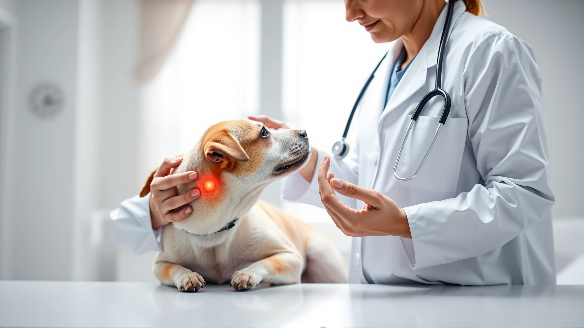 Veterinarian wearing a white coat using a magnifying glass to examine a skin lesion on a calm dog; modern clinic interior, bright lighting, high resolution
