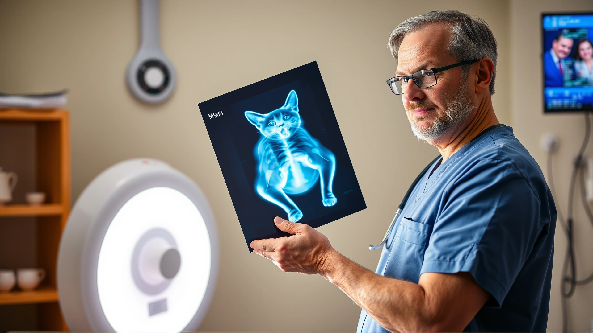 Veterinarian in scrubs holding up and examining a glowing X-ray film of a cat’s chest in a diagnostic room; focus on the film and the vet’s attentive expression; no text.