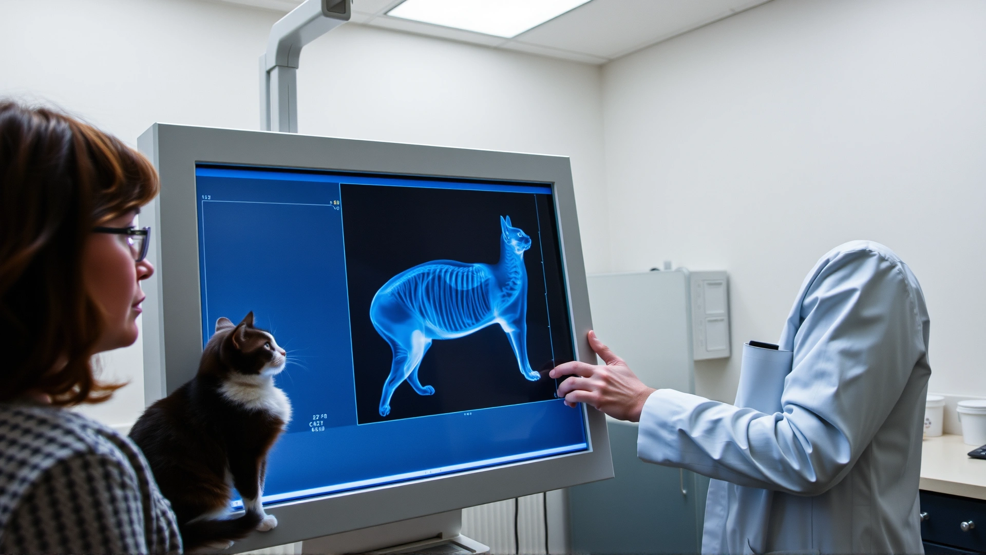 Photo of a veterinarian studying a cat’s X-ray on a lightbox while the cat owner watches with concern, indoor clinical setting, no text.