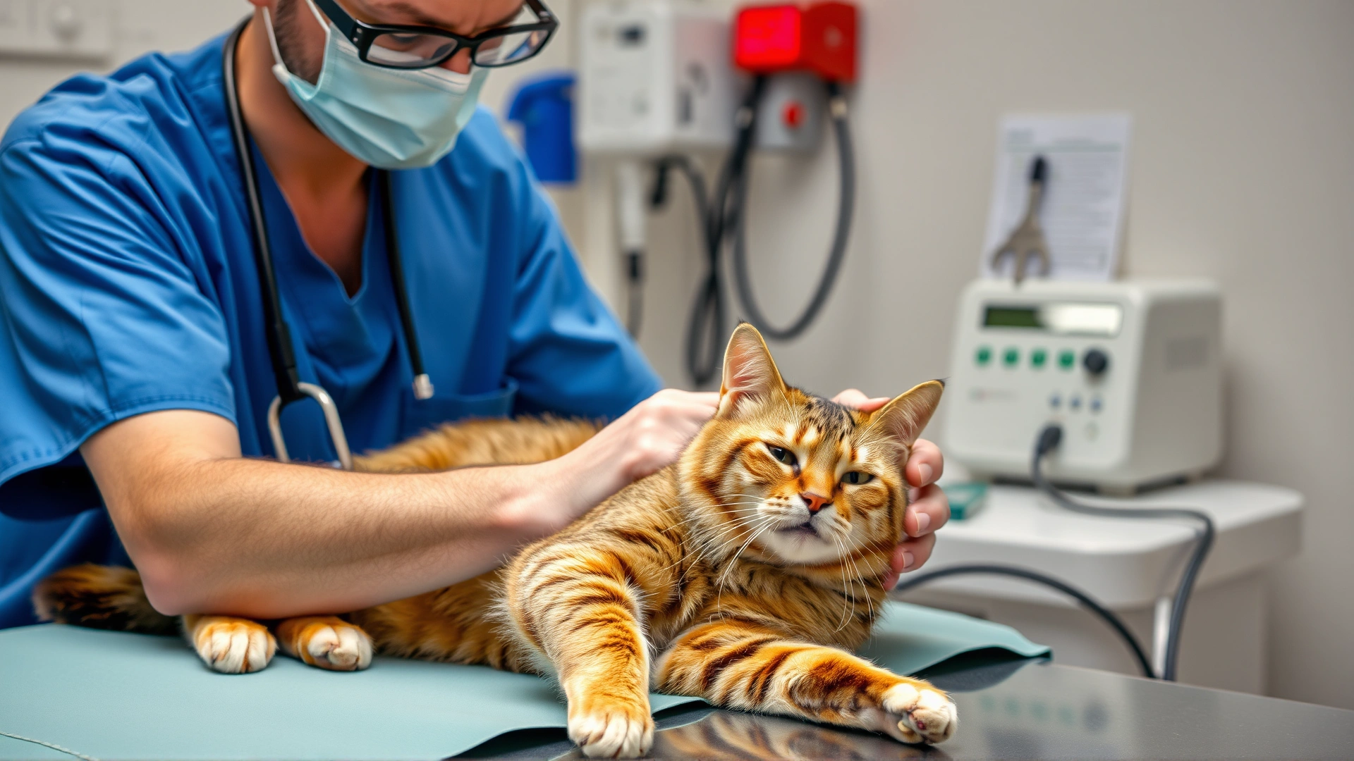 Veterinarian performing an electromyography (EMG) test on a sedated cat on an examination table, visible electrodes and medical equipment.