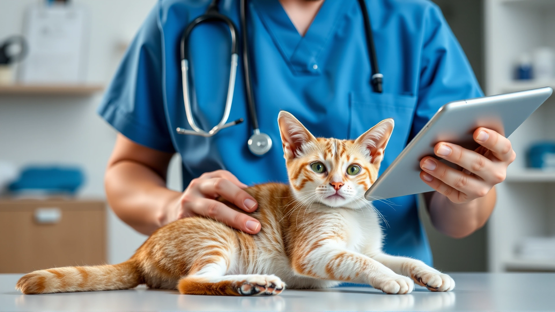 Veterinarian gently palpating a cat’s hind leg muscle while reviewing lab results on a tablet, modern vet clinic environment