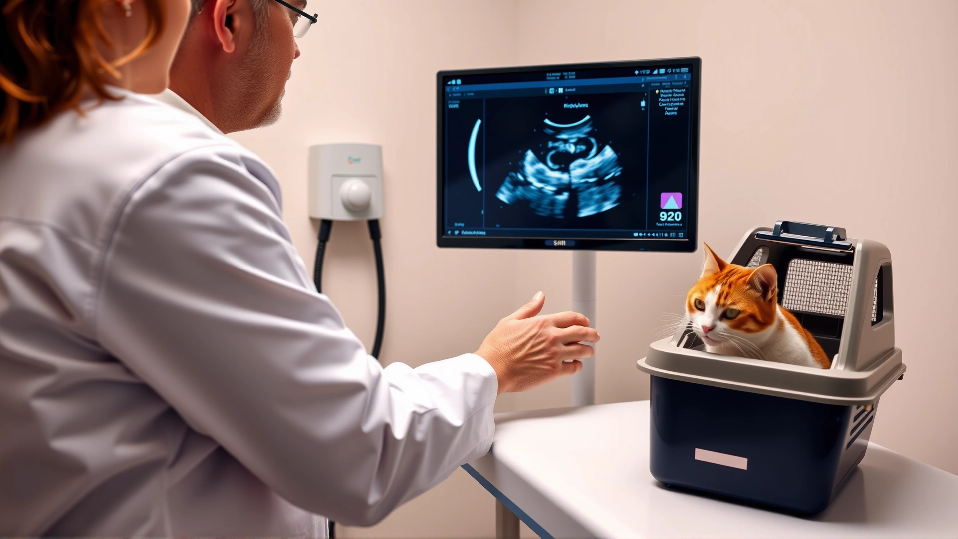 Veterinarian in a white coat reviewing an ultrasound image with a cat owner; the cat is in a carrier on the exam table; clinical setting