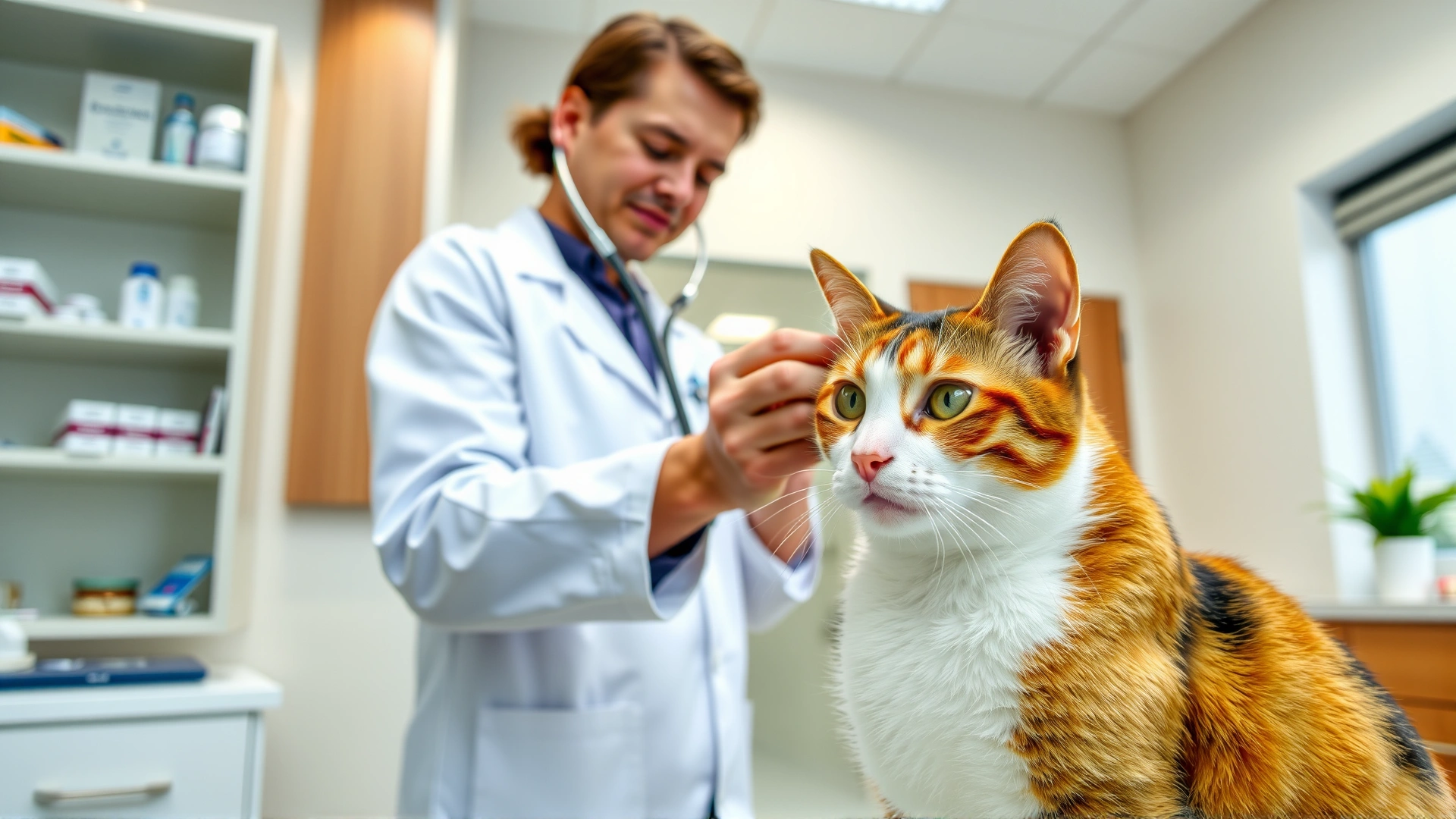 Veterinarian in white coat using a stethoscope to examine a calico cat inside a modern veterinary clinic.