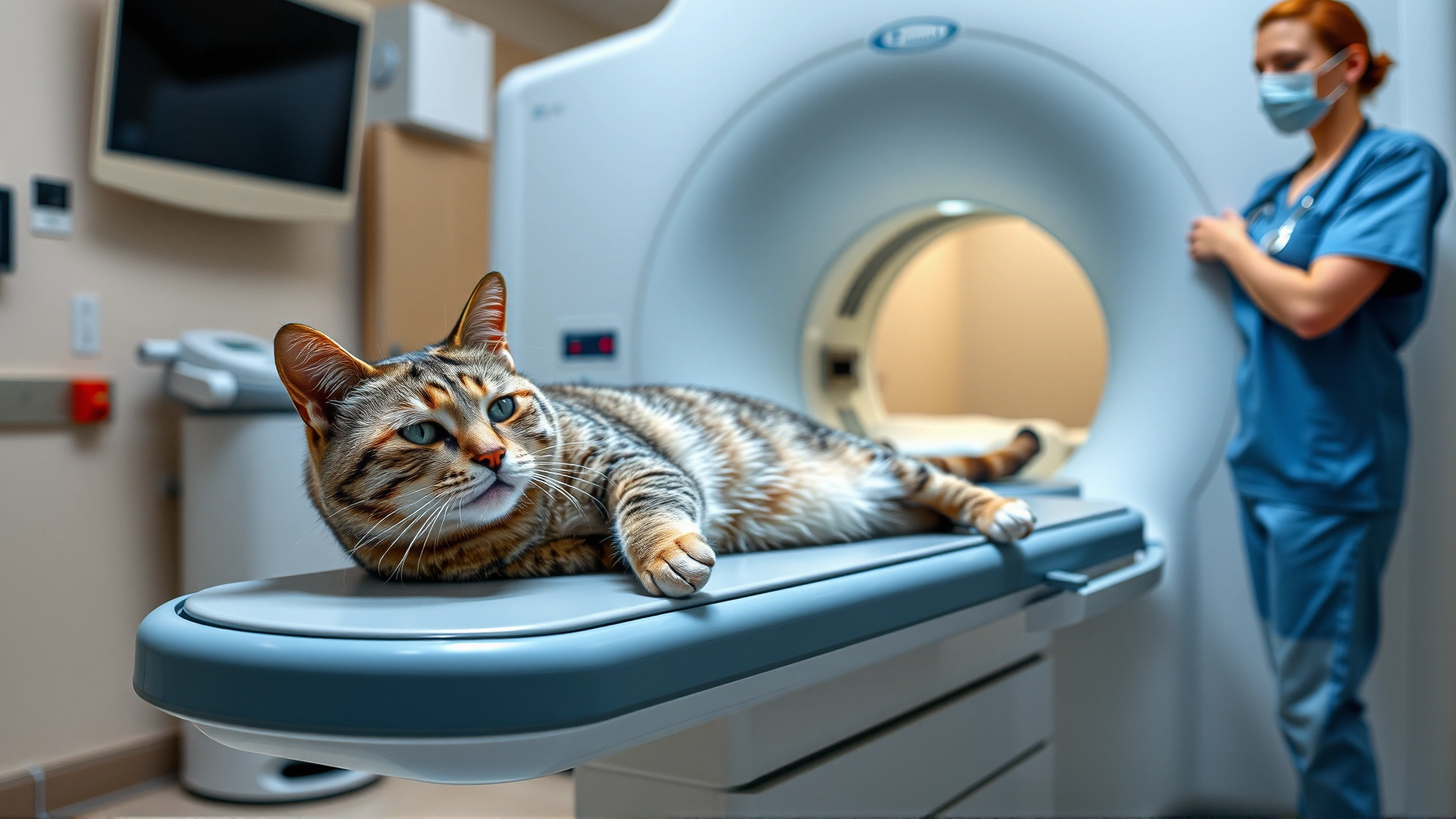 Modern veterinary clinic scene showing a domestic short-haired cat lying on an MRI scanner table while a veterinarian in scrubs operates the machine; clear view of the MRI equipment, bright medical lighting.