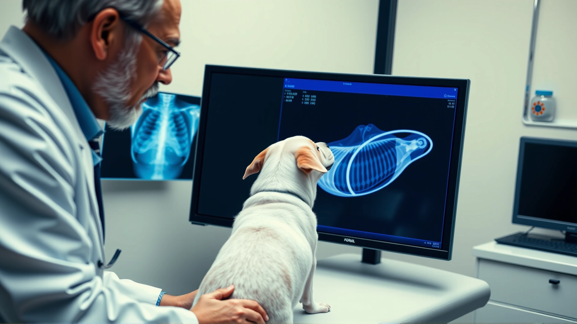 Veterinarian reviewing a canine chest X-ray on a screen while the dog sits on the exam table; focus on diagnostic process, professional atmosphere.