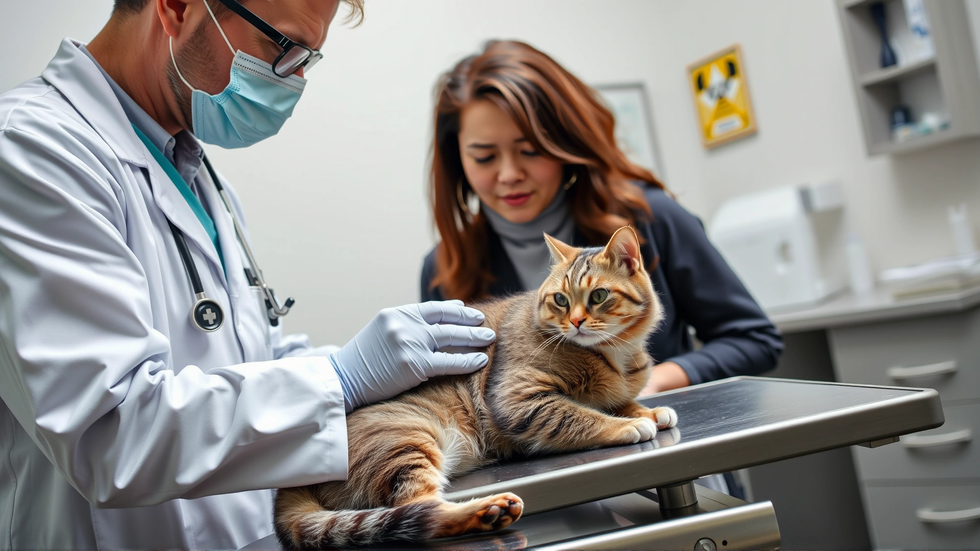 Veterinarian gently examining an elderly cat on an examination table while the concerned owner looks on