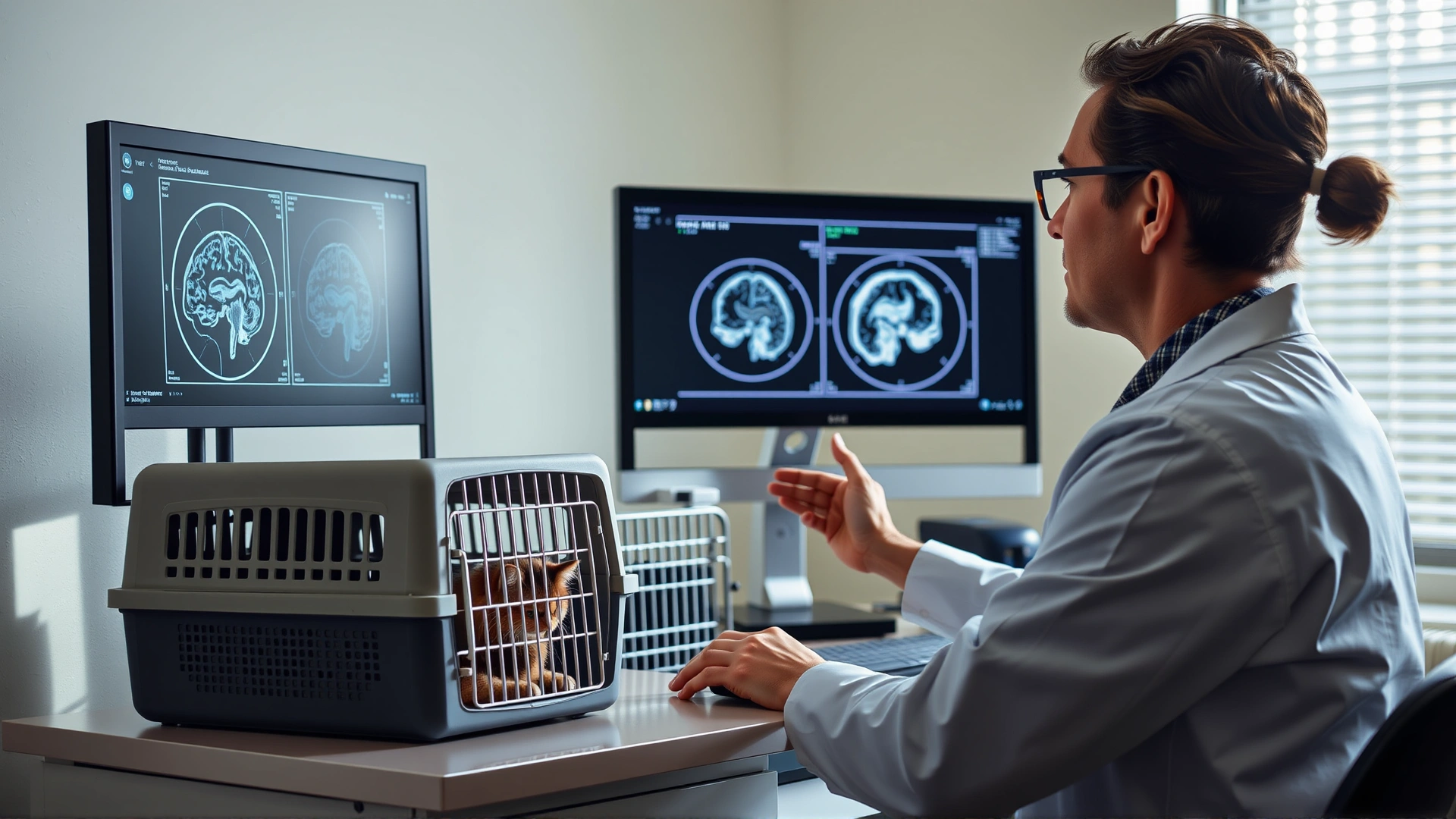 Photo of a veterinarian reviewing a brain MRI scan on a computer screen with a cat carrier beside the desk, clinical environment with natural lighting.