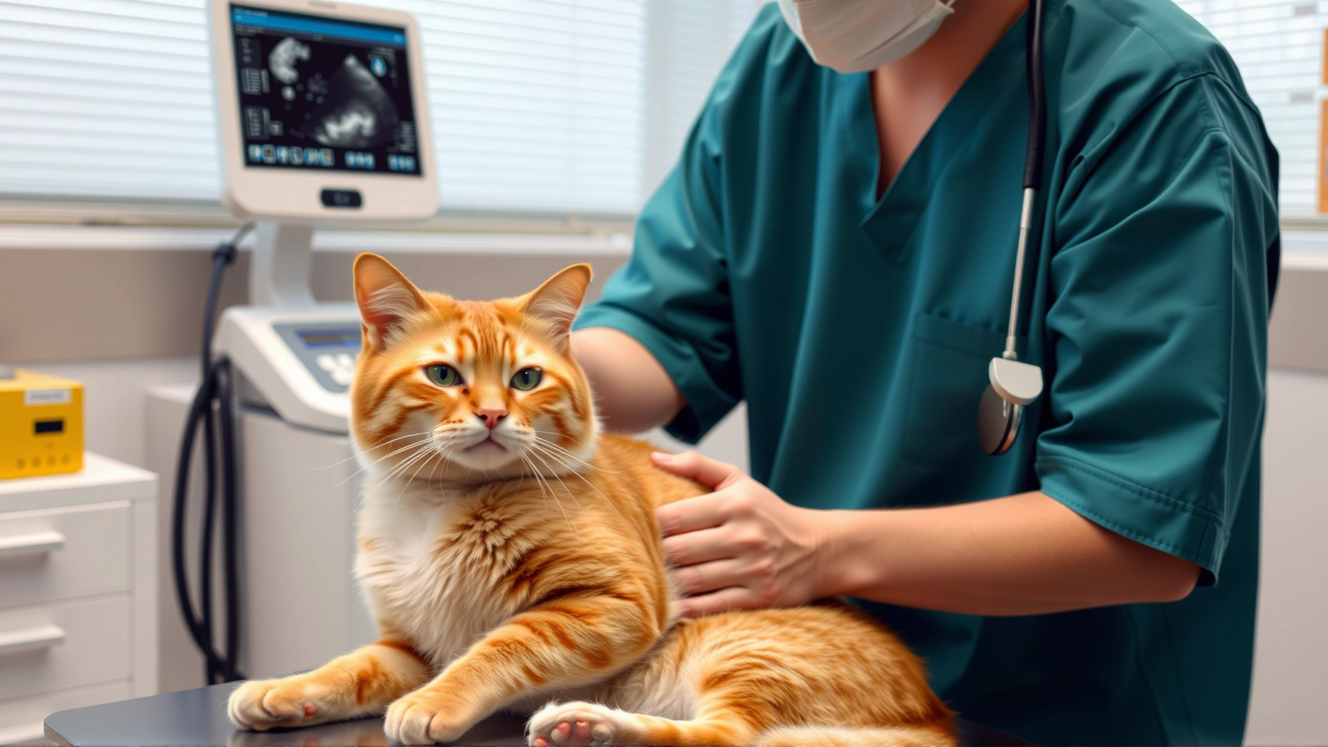 Veterinarian performing an abdominal ultrasound on a relaxed cat in a modern clinical setting.