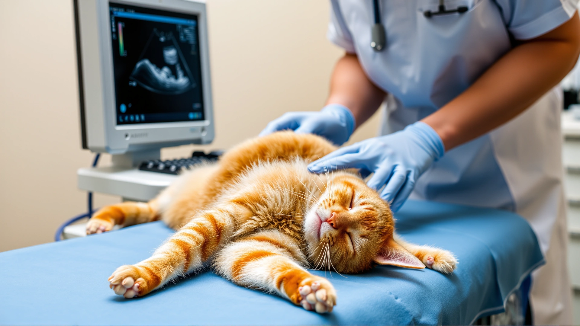 Veterinarian performing an abdominal ultrasound on a relaxed orange cat lying on its back, ultrasound monitor slightly out of focus.
