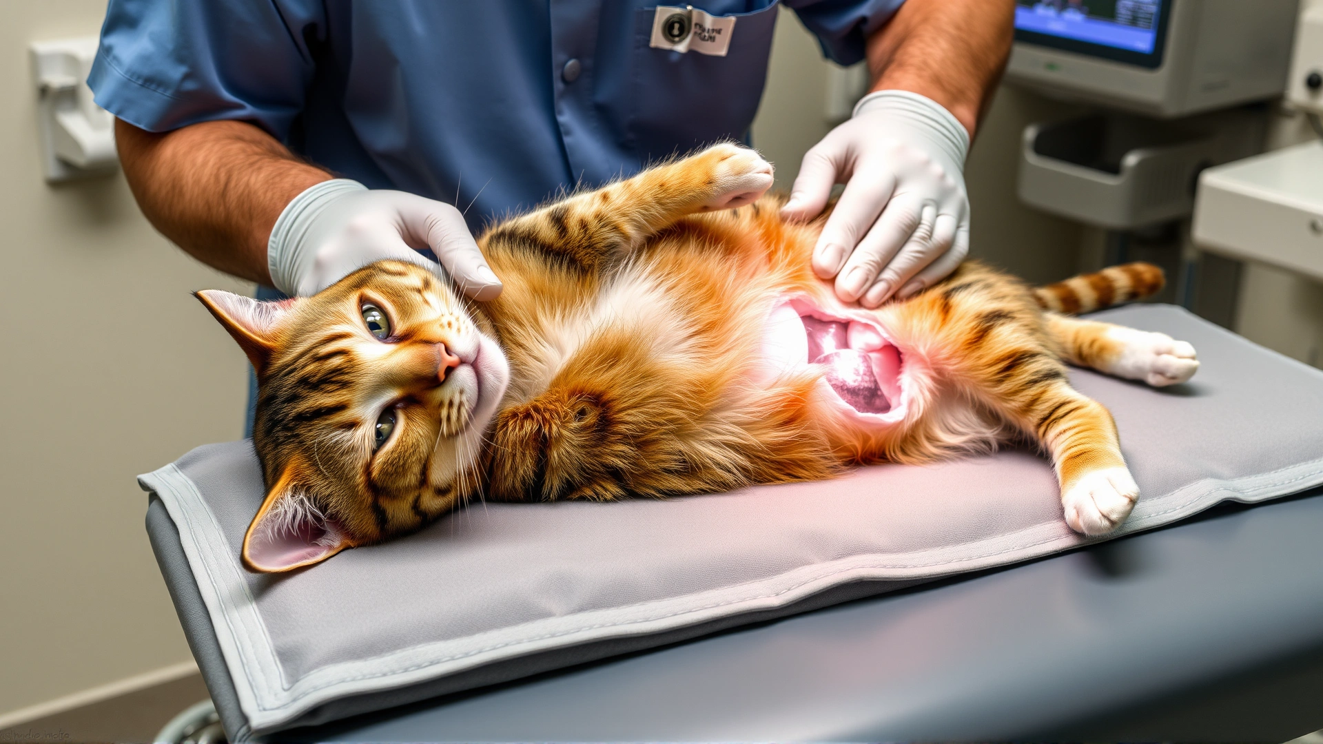 A veterinarian performing an abdominal ultrasound on a sedated cat lying on its back on a cushioned exam table, clinical environment.