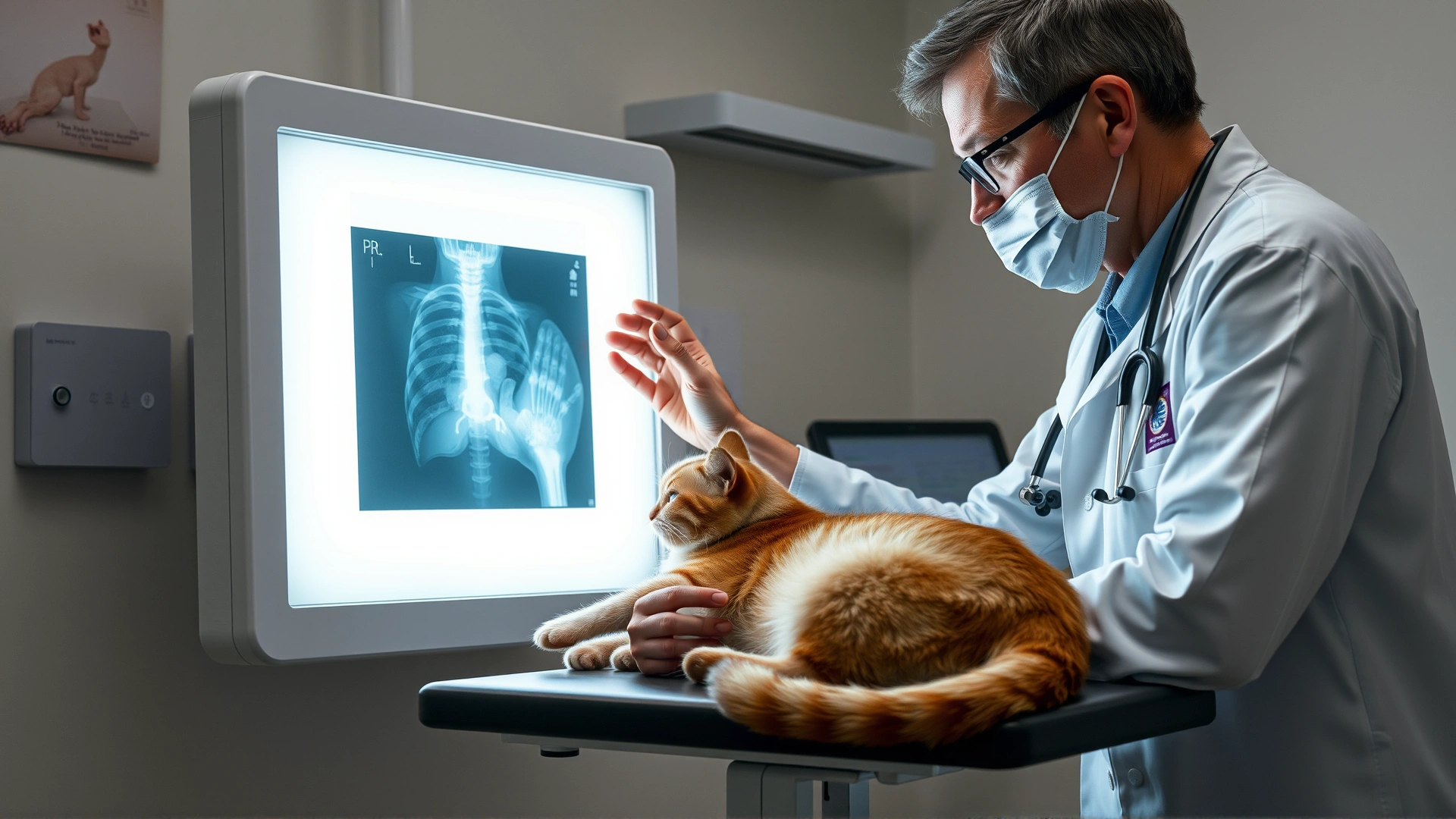 Veterinarian examining a cat’s X-ray on a lightbox while the cat rests on the exam table, clinic setting