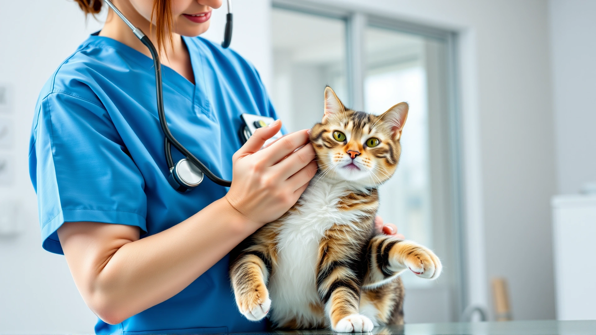Veterinarian in blue scrubs listening to a cat’s chest with a stethoscope in a bright, modern clinic.