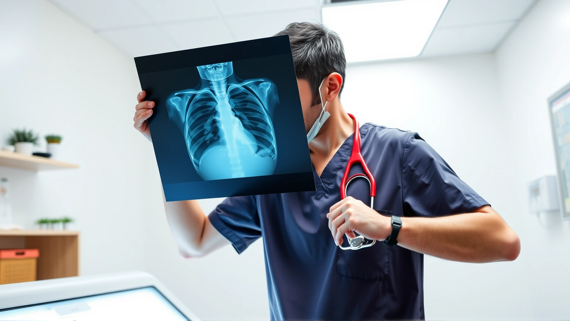 Veterinarian in scrubs reviewing a cat’s chest X-ray on a lightbox, pointing to the lung area; bright clinic surroundings.