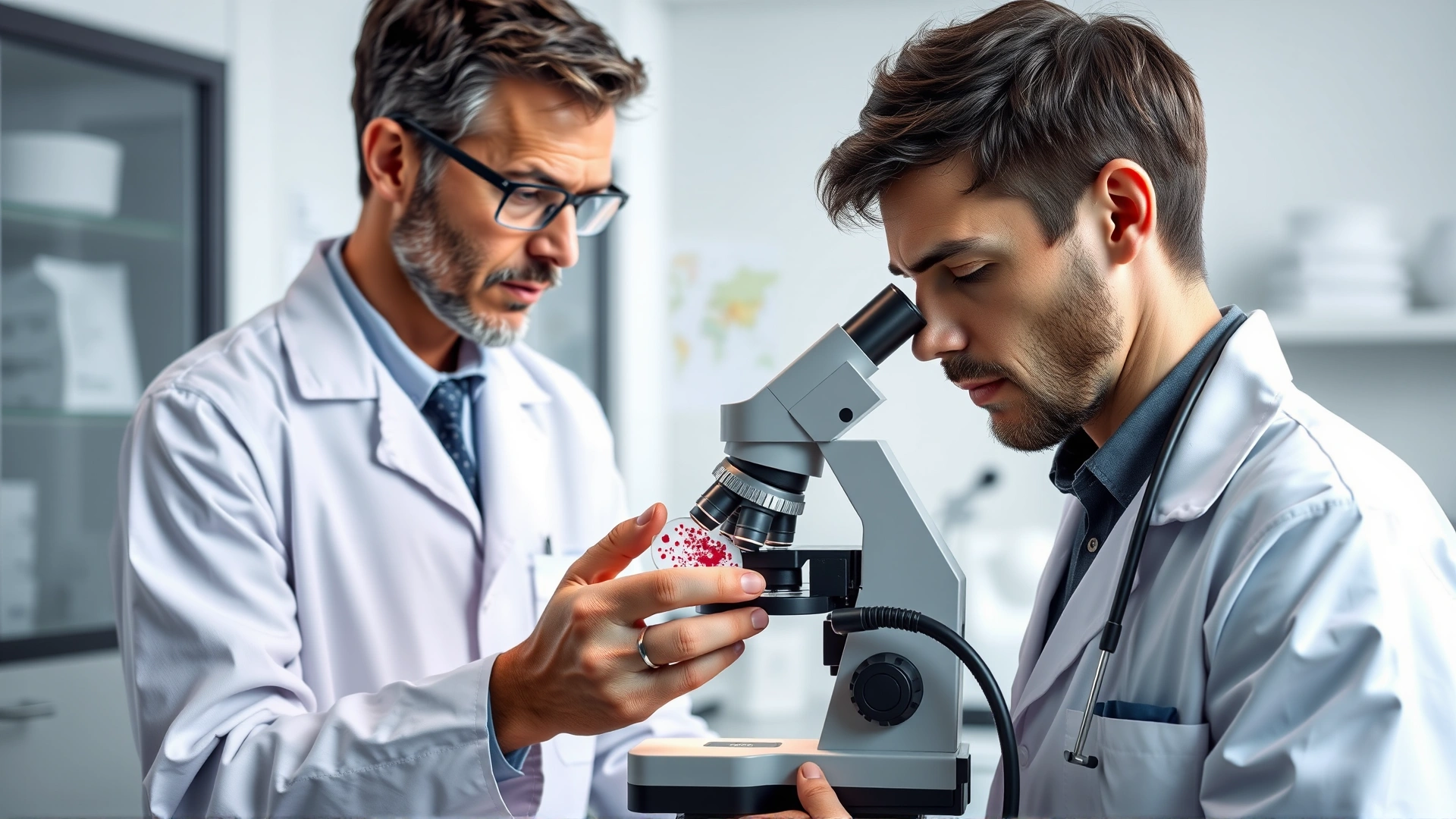 Veterinarian in a white coat examining a blood smear under a microscope in a modern clinic laboratory.