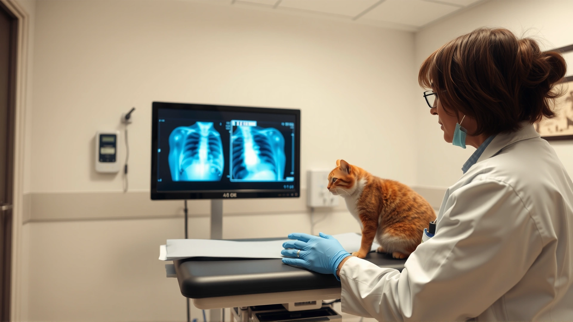 Veterinarian examining cat on a clinic table while reviewing chest X-ray on a monitor, bright clinical environment.