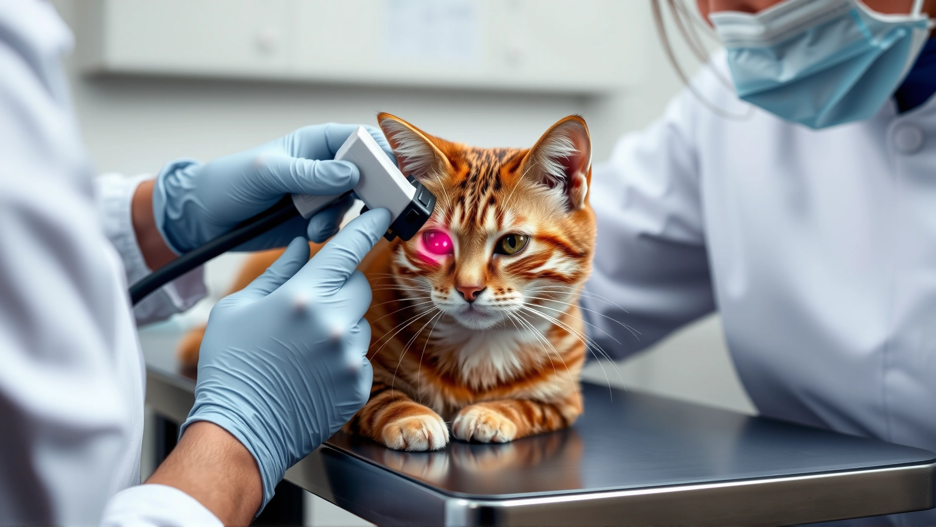 Veterinarian wearing gloves using a dermatoscope to inspect cat’s skin lesions, cat calm on table, clinical environment, no text.