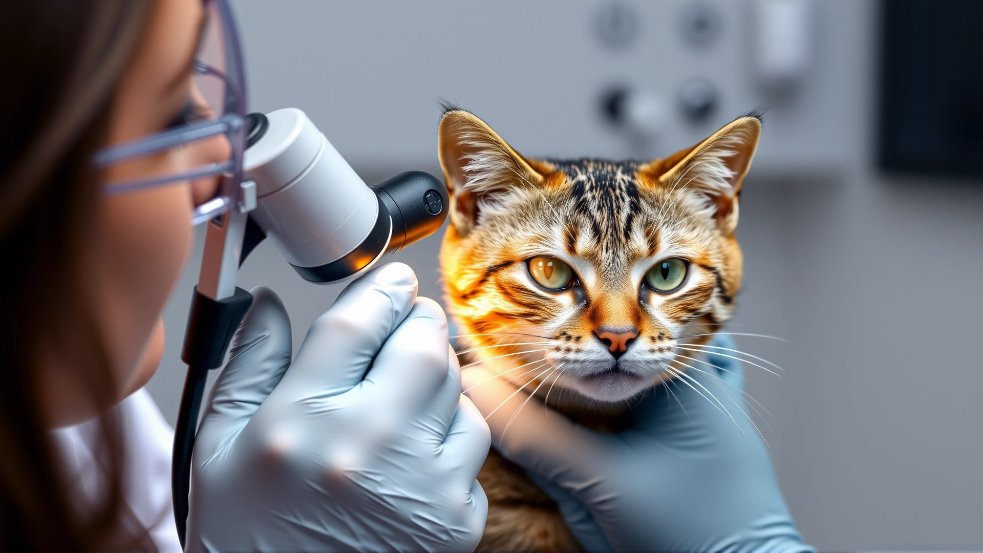 Veterinarian using a dermatoscope to examine a small bald patch on a tabby cat’s skin, clinic background.
