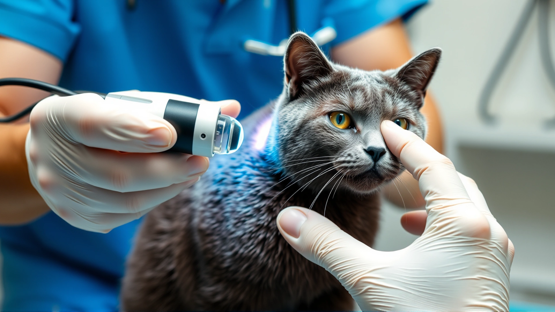 Veterinarian using a dermatoscope to inspect bald area on a gray cat; clinical setting.