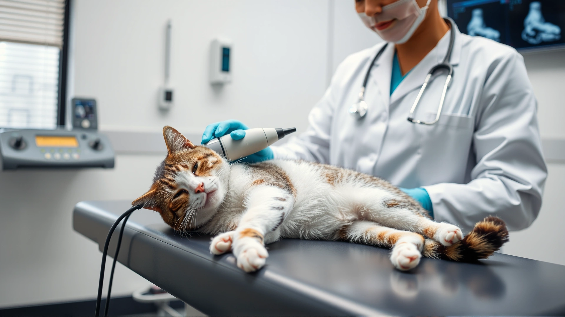 Veterinarian using an ultrasound probe on a sedated cat lying on an examination table in a modern clinic