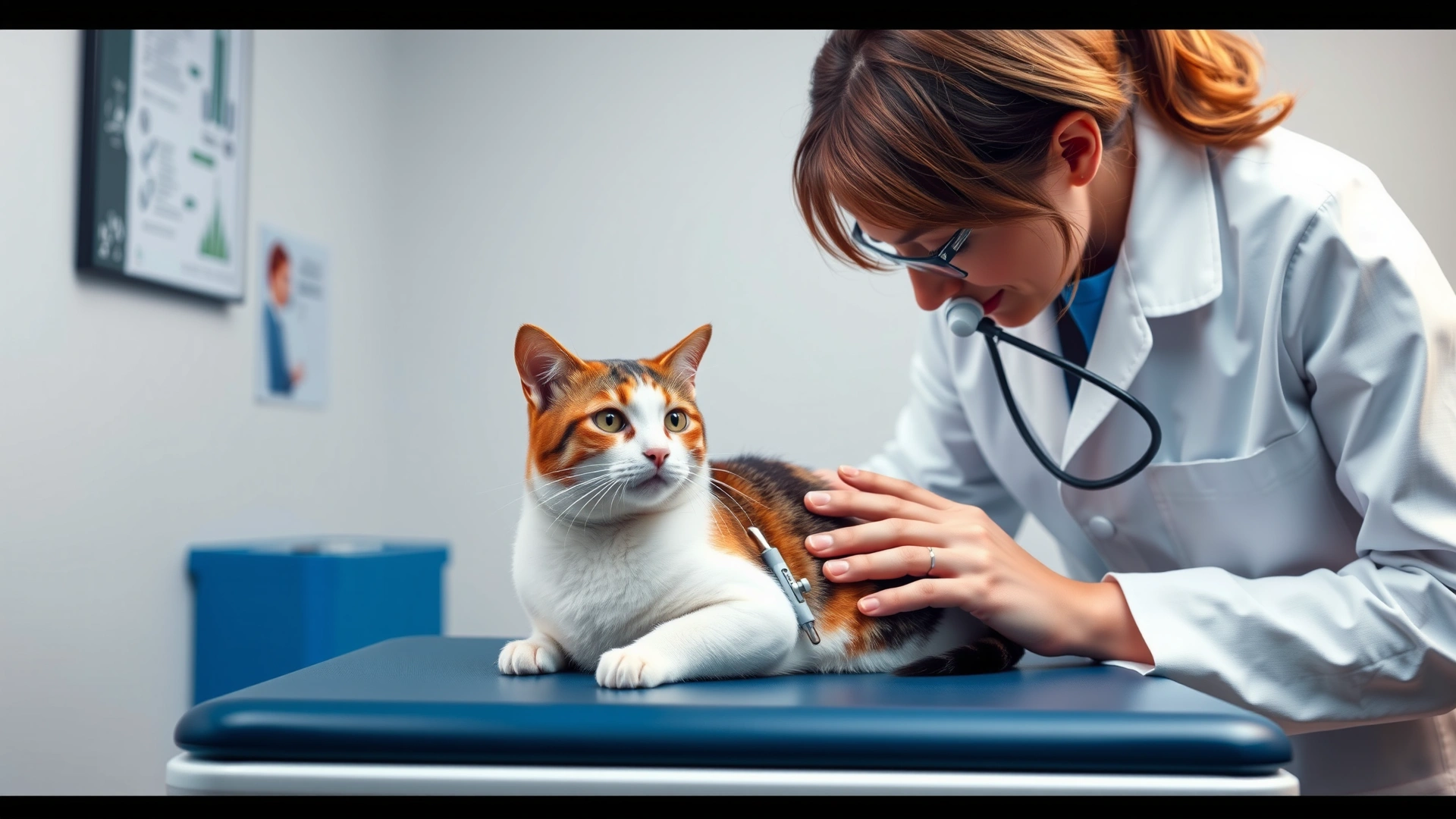 Veterinarian in a white coat using a dermatoscope to examine a calico cat on an exam table.